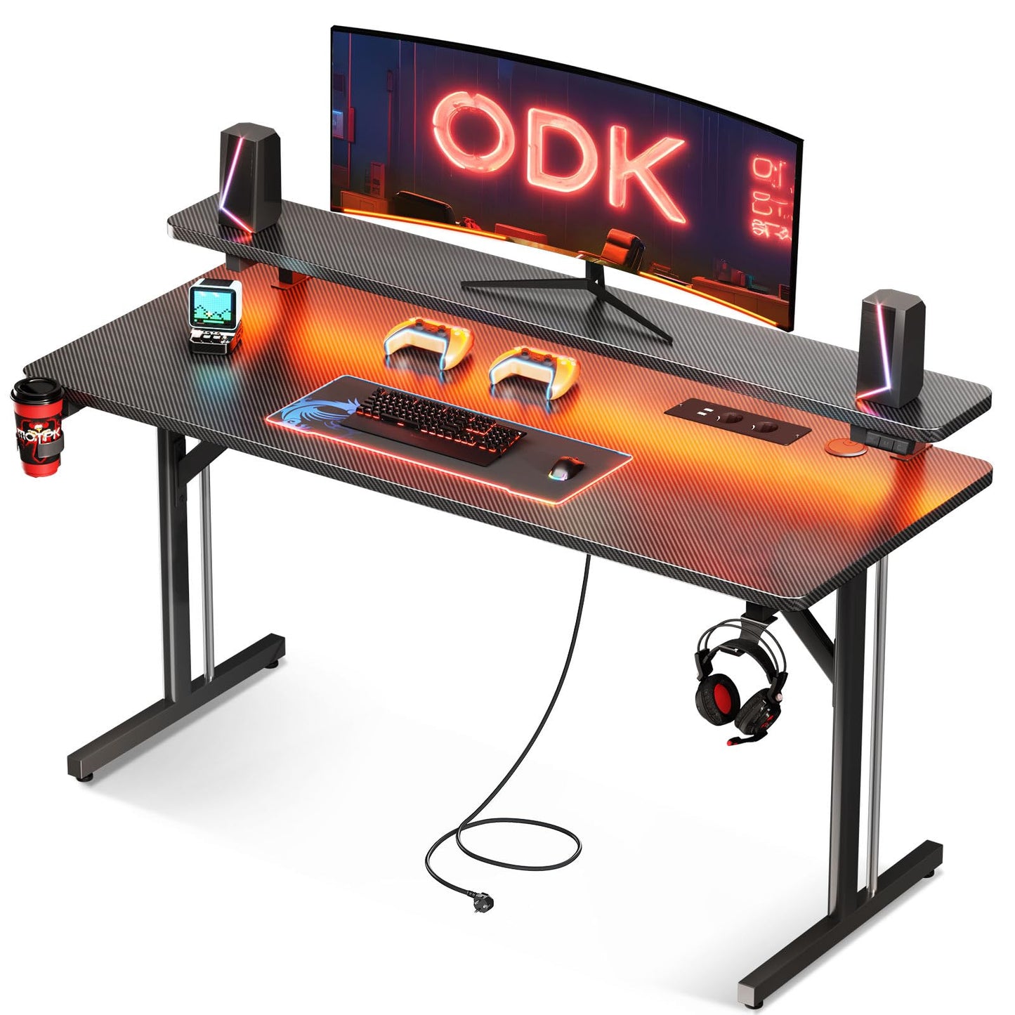 ODK Gaming Tisch, Kleiner Gaming Schreibtisch mit LED Beleuchtung & Steckdosen, Computertisch mit Monitorablage, Carbon Fiber Schwarz PC Gamer Tisch 100cm
