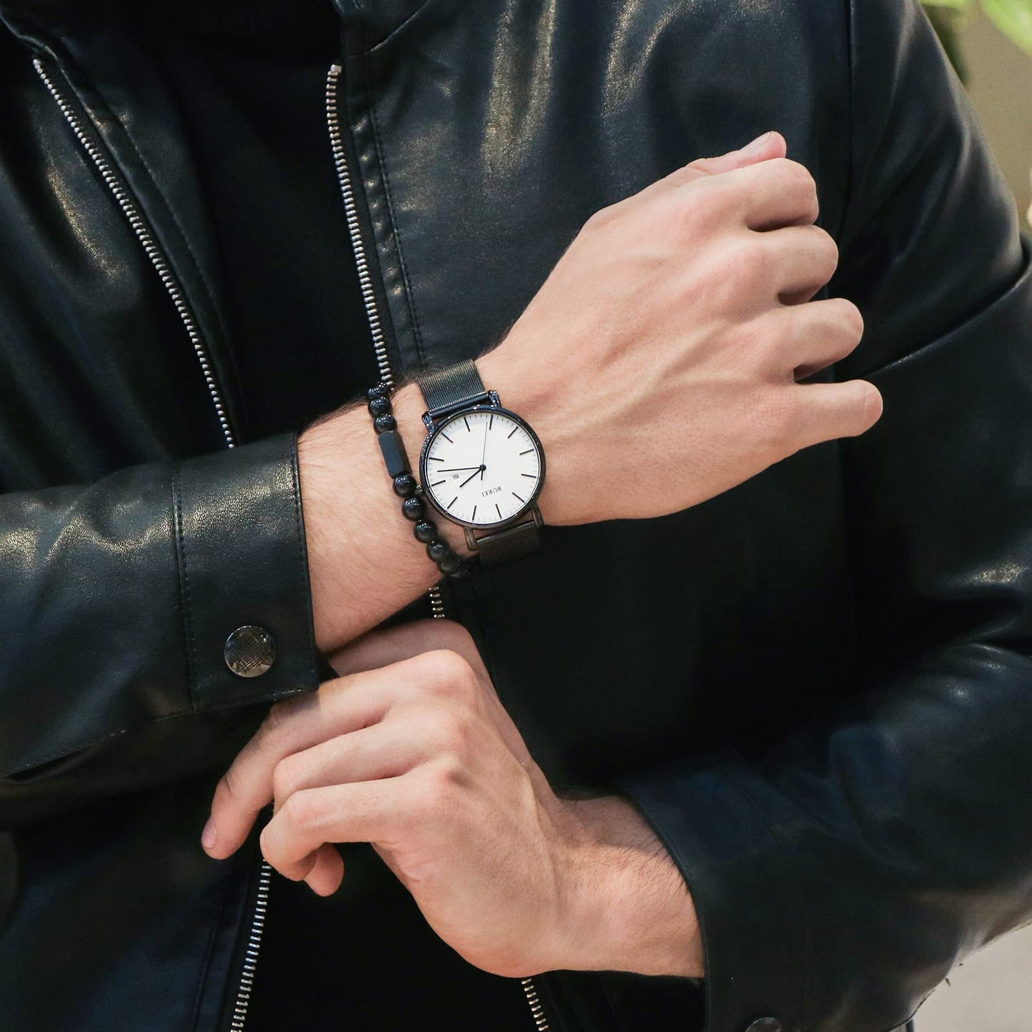 BUREI Ultra Dünne Uhren Herren Schwarze Analoges Datum Armbanduhr Herren mit Japanisches Quarzwerk, Geschenke für Männer