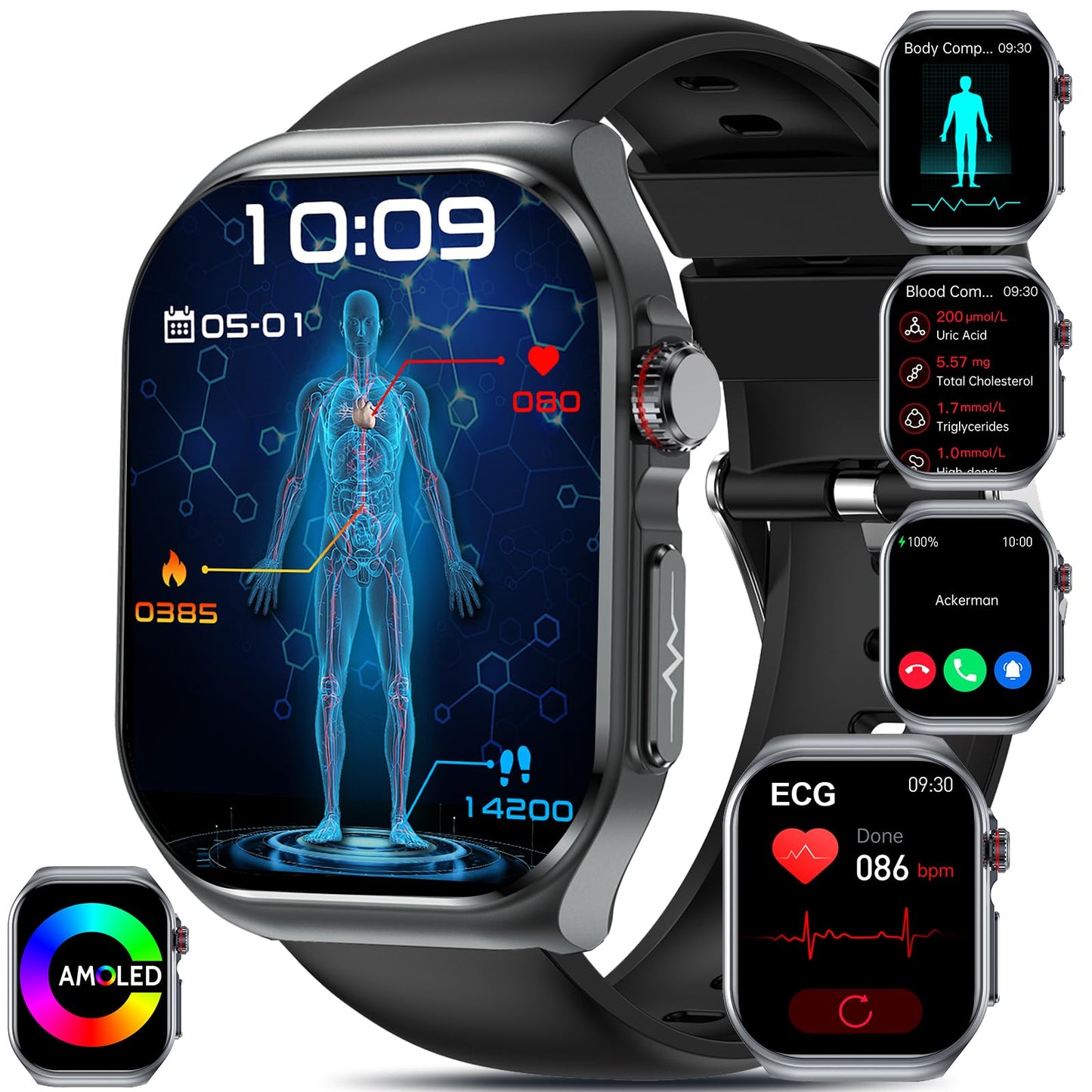 YYKY Smartwatch Women Men 2.04 Inch AMOLED Phone Function / ECG + HRVEKG / Uric Acid / BMI / SOS Emergency Call 2024 Smartwatch 100+ Sports Modes Sports Watch / Heart Rate / SpO2 / Sleep Monitor