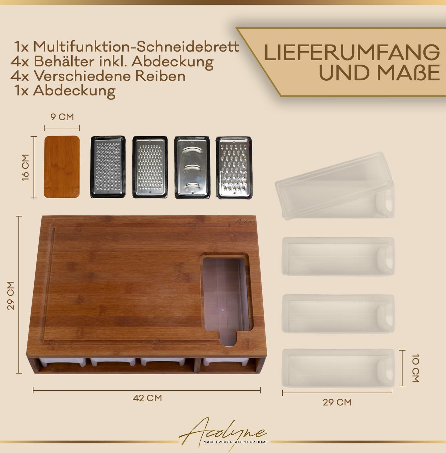 𝐀𝐜𝐨𝐥𝐲𝐧𝐞® XXL Schneidebrett mit Auffangschale KARBONISIERTEN BAMBUS mit 4x Schäler-Aufsatz und Abdeckung Frankfurter Brett Schneidebrett Holz Cutting board Wood multifunktionales Küchen Set