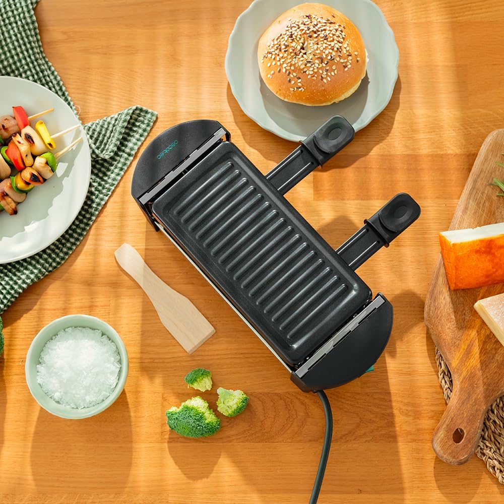 Cecotec Holz Raclette Käse & Grill 8200 Holz Schwarz. 1200 W, Grillfläche, 8 Einzelpfannen, Antihaftplatte, einstellbarer Thermostat, abnehmbares Design (Holz, AllStone)
