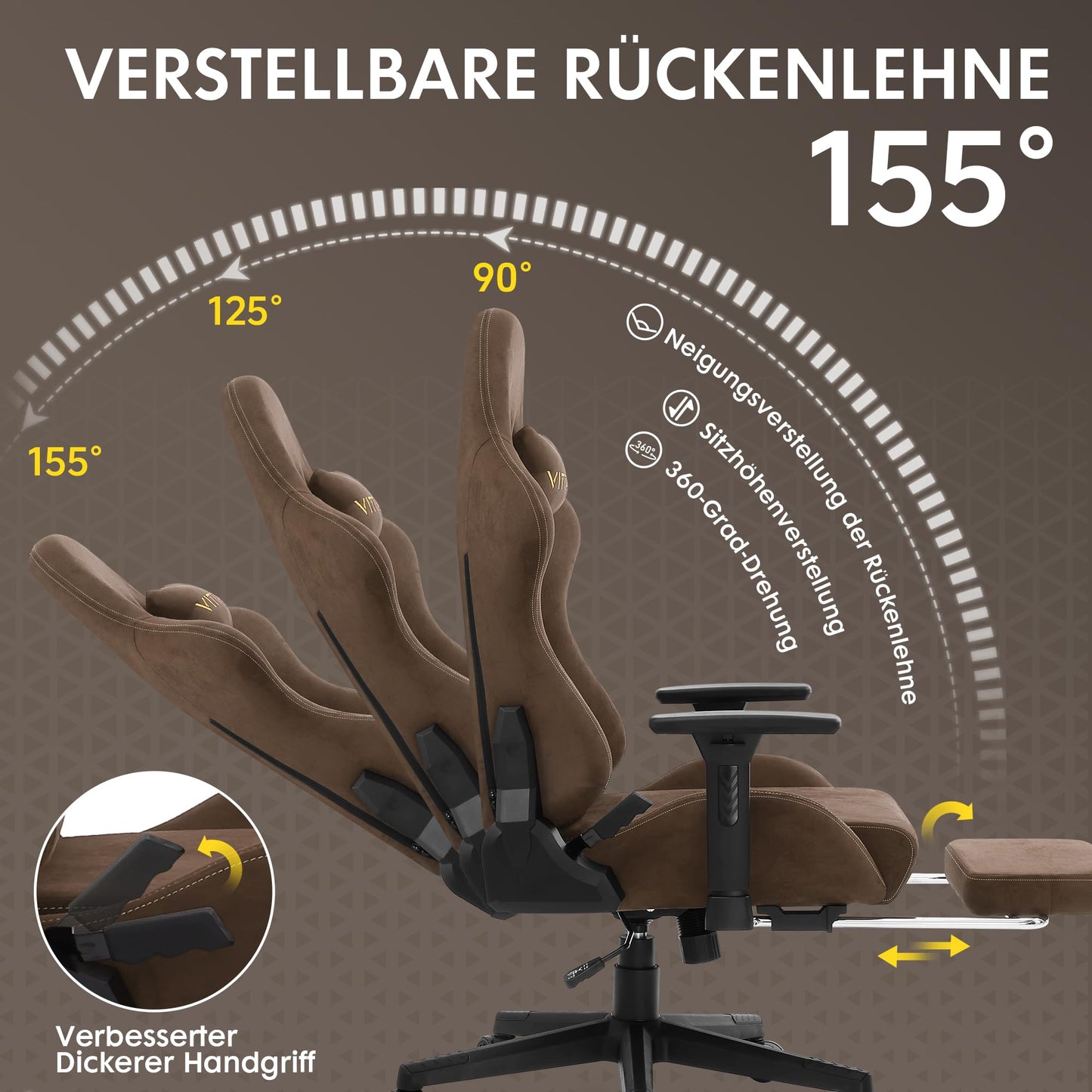 Vittanly Gaming Chair, Luxurious Breathable Imitation Suede Office Chair Gaming Chair, Ergonomic Gamer Chair with Footrest Headrest and Lumbar Cushion, 3D Armrests, 90-155° Backrest, Gray