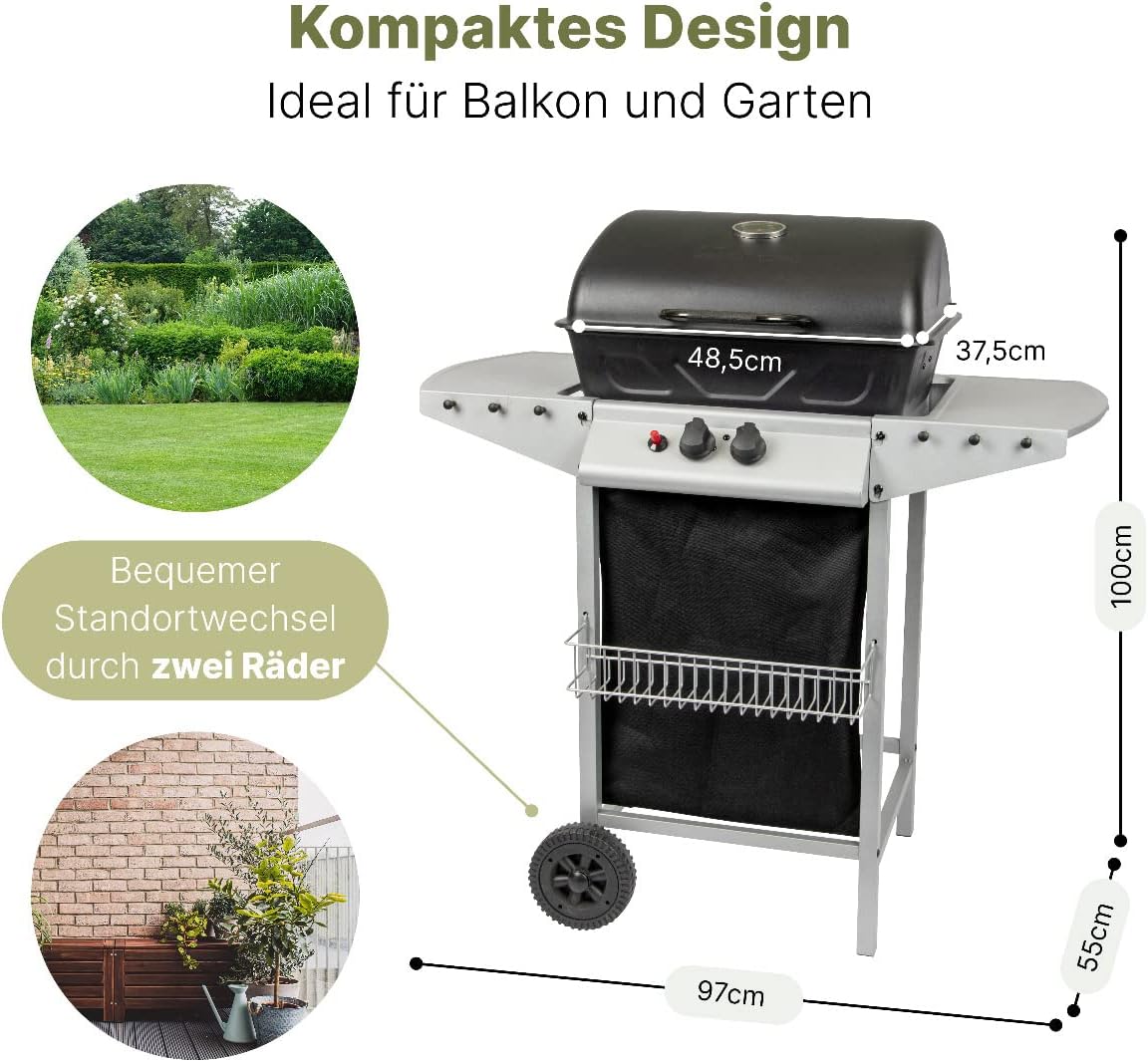 Clatronic® Gasgrill mit 2 Heizzonen | individuelle Temperatursteuerung | inkl. Grillrost + Warmhalterost | Grill mit praktischem Ablagekorb und großem Stauraum für Gasflasche | GG 3590