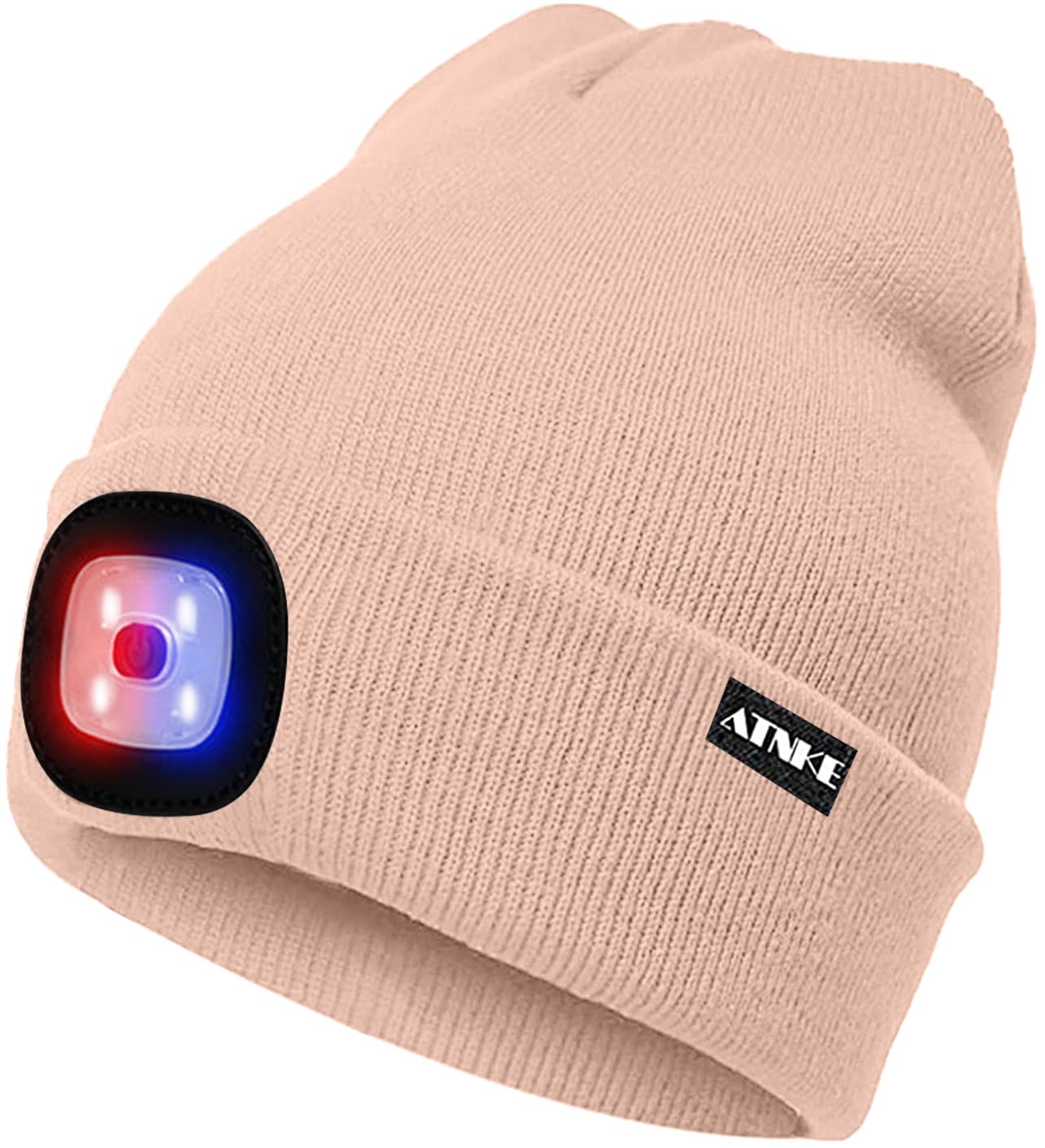 ATNKE LED Beleuchtete Mütze,Wiederaufladbare USB 4 LED Rot und Blau Leuchten Blinkender Laufmütze mit Licht Extrem Heller Lampe Winter Warme für Herren und Damen Geschenke