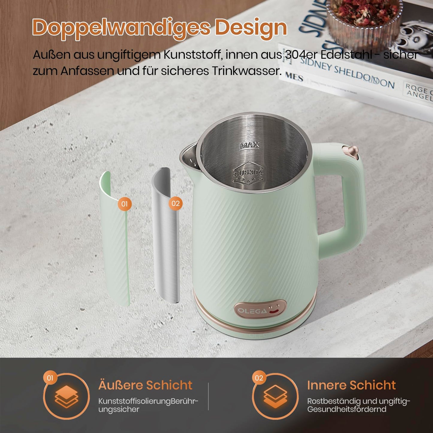 OLEGA Wasserkocher - 1800W Schnellaufheizender Elektrischer Teekessel BPA-freier 304 Edelstahl Elektrischer Wasserkocher mit Automatischer Abschaltung und Trockengehschutz Perfekt für die Familie 1.8L