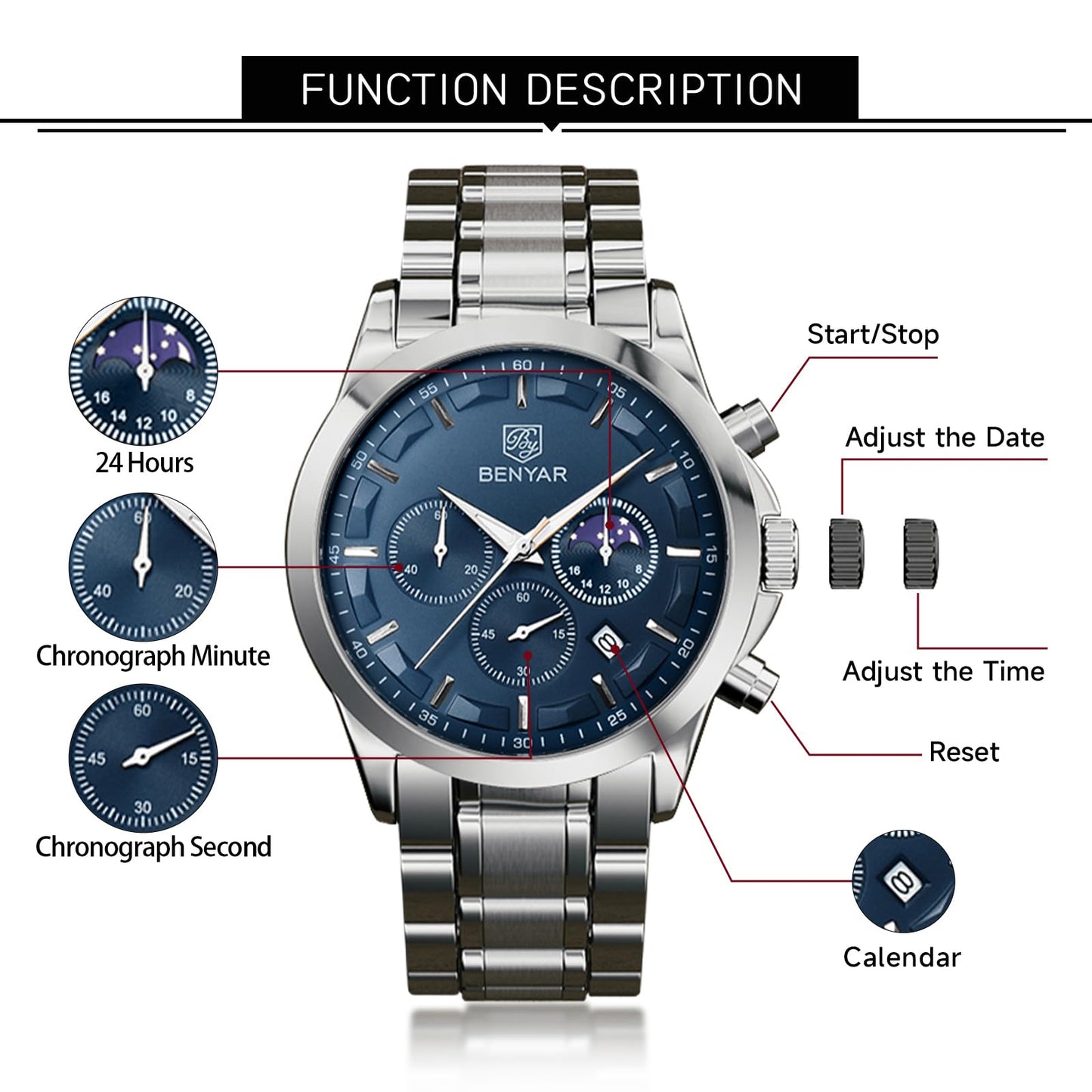 BY BENYAR Uhren Herren Chronograph Analog Quarz Wasserdicht Armbanduhr Herren Mode Lässig Business Herrenuhr mit Kalender Lederarmband/Edelstahlarmband Uhr Geschenk für Männer