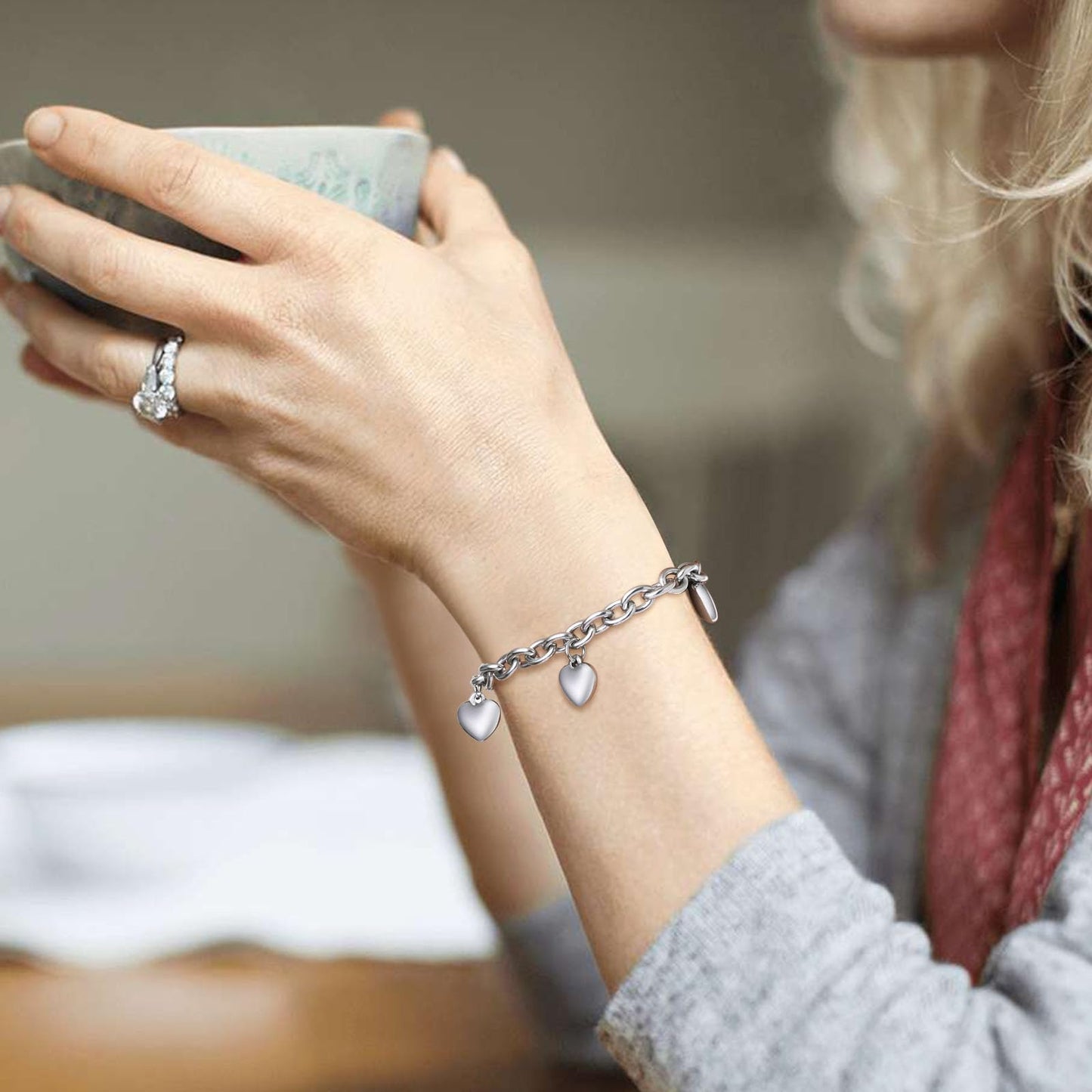Silver Heart Bracelet for Women – Stainless Steel Chain with Heart Charms