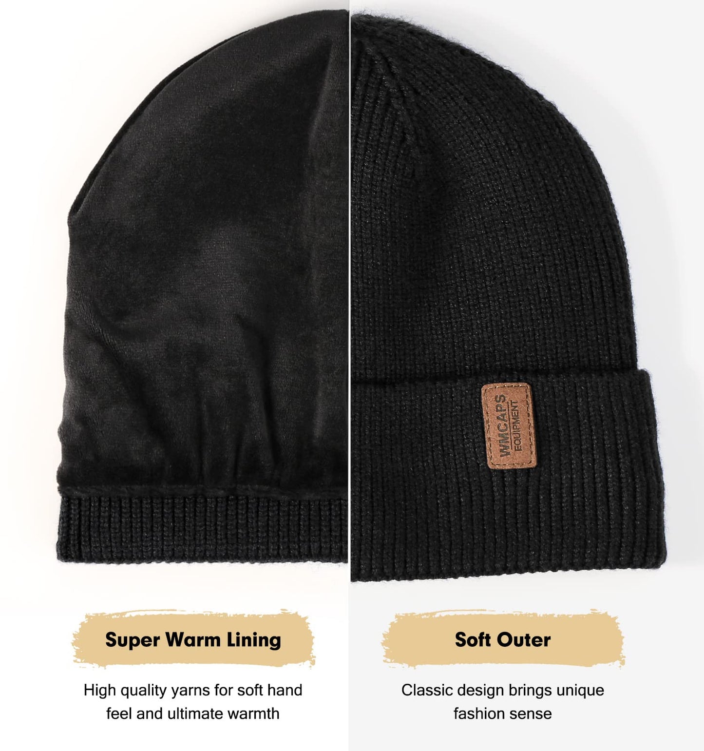 Wmcaps Beanie Mütze, Herren Winter Warme Unisex Wintermütze Strickmütze Dehnbare Weiche Wollmütze mit Bündchen und Dickem Warmem Futter Geschenk für Freundin männer Frauen