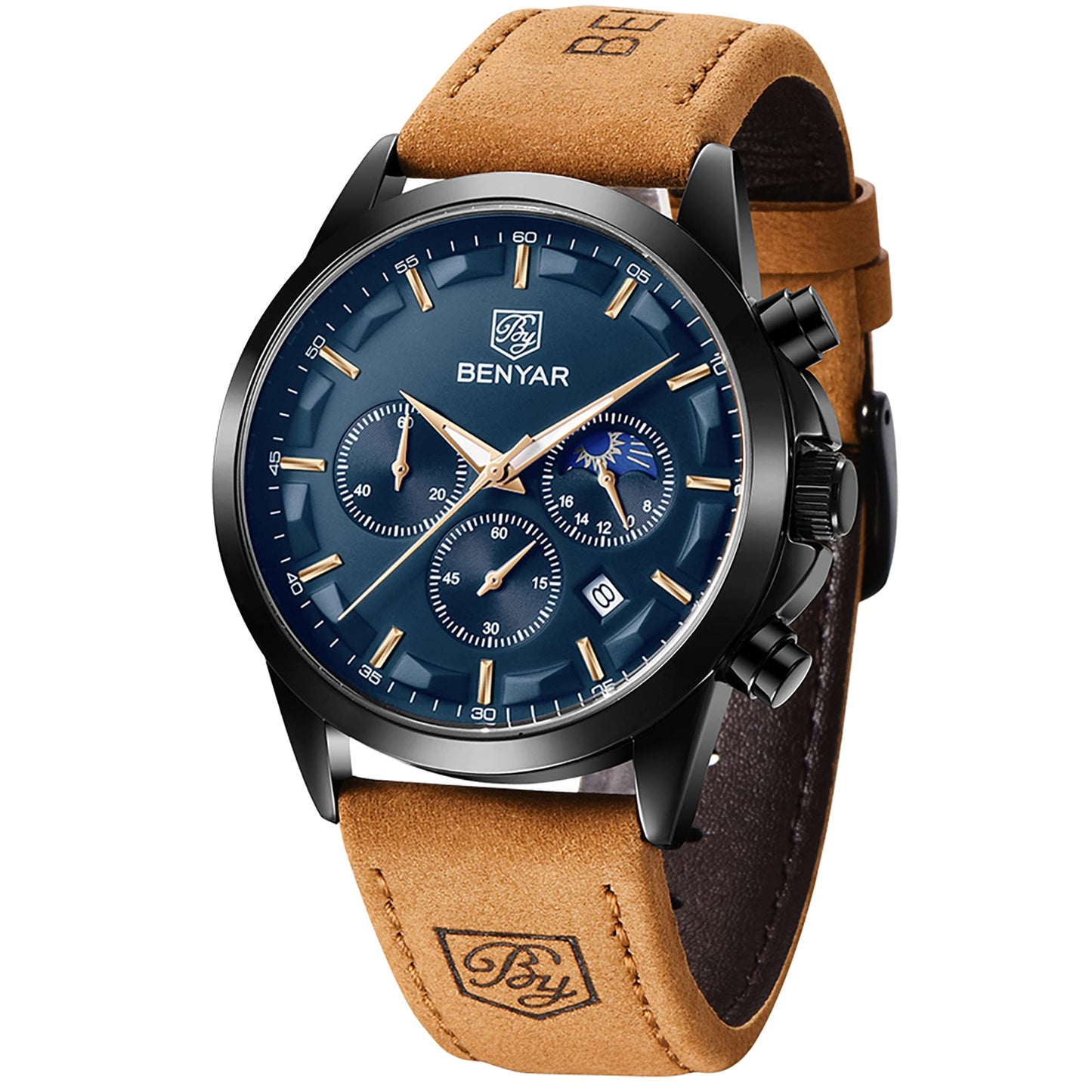 BY BENYAR Uhren Herren Chronograph Analog Quarz Wasserdicht Armbanduhr Herren Mode Lässig Business Herrenuhr mit Kalender Lederarmband/Edelstahlarmband Uhr Geschenk für Männer