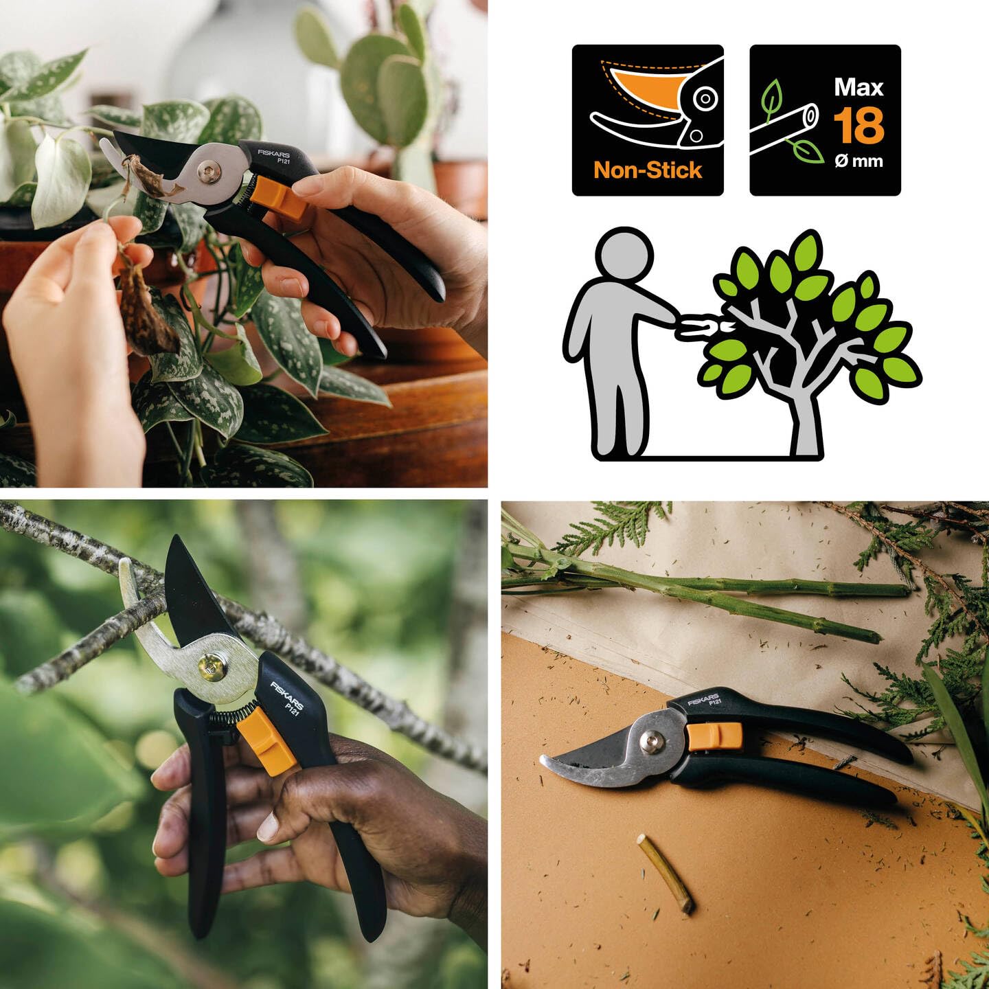 Fiskars Bypass-Gartenschere für frische Äste und Zweige, Antihaftbeschichtet, Hochwertige Stahl-Klingen, Länge: 20 cm, Schwarz/Orange, SingleStep