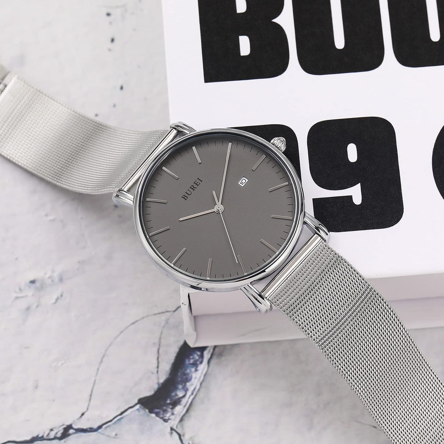 BUREI Ultra Dünne Uhren Herren Schwarze Analoges Datum Armbanduhr Herren mit Japanisches Quarzwerk, Geschenke für Männer