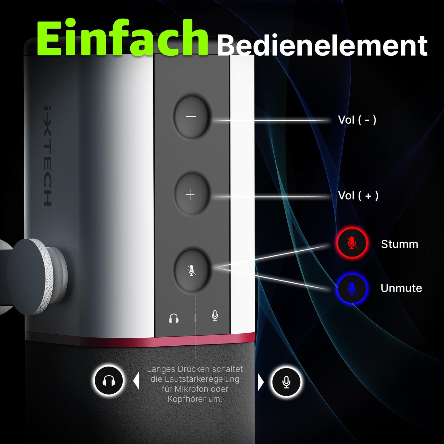 IXTECH Dynamisches Mikrofon mit Nierencharakteristik RGB Gesangsmikrofon USB XLR Studiomikrofon Software Stummschalttaste Microphone für Podcasting Streaming Aufnahme Gaming und Voice-Over Schwarz