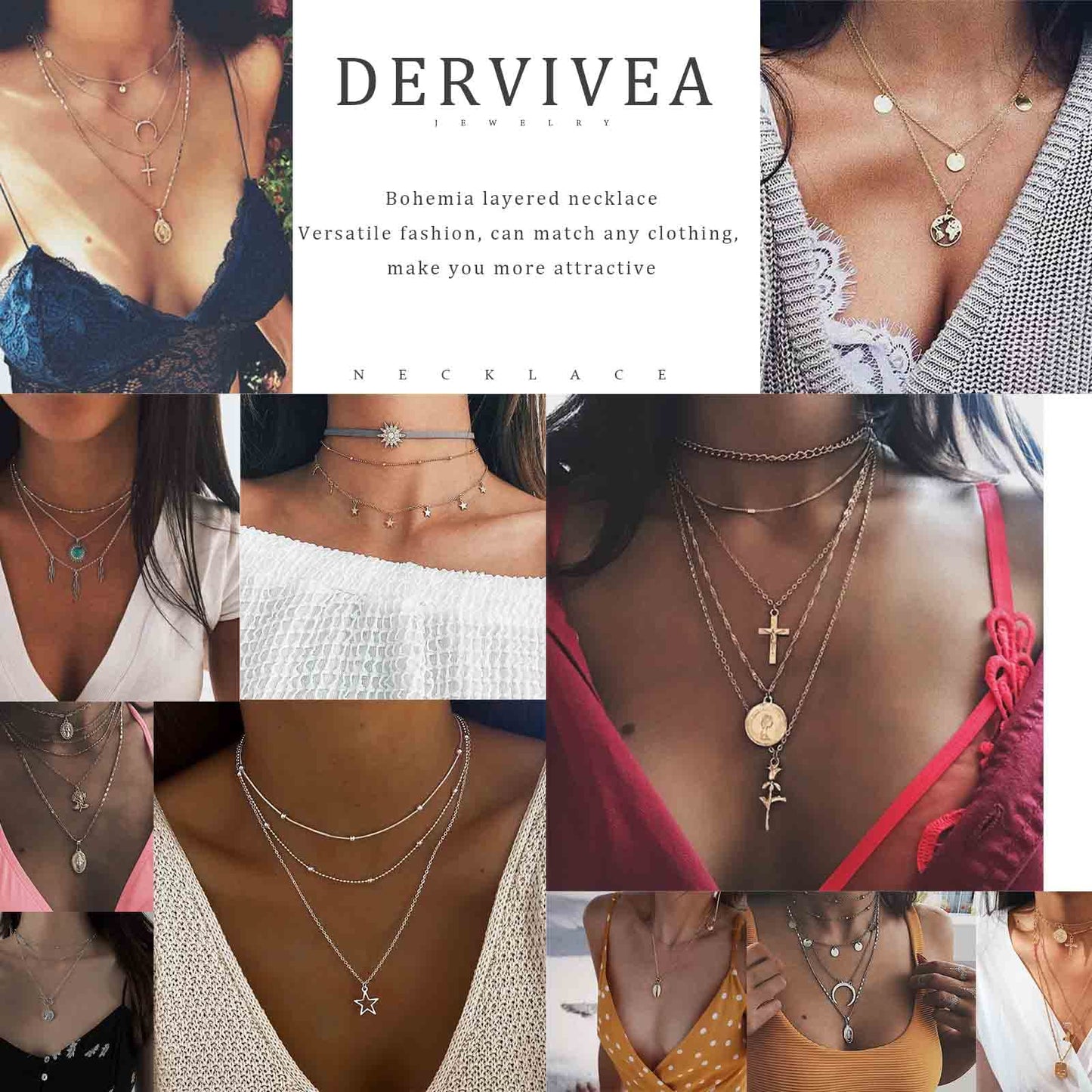 Dervivea Boho Layered CZ Crystal Necklace
