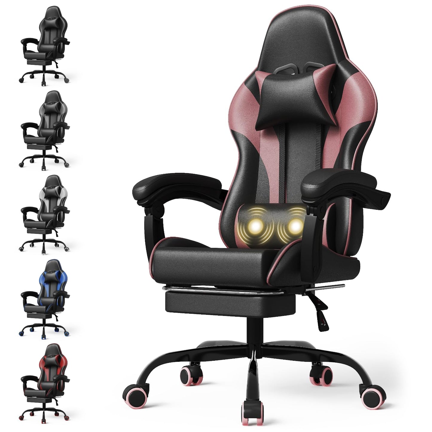 Devoko Massage Gaming Chair, Office Chair with Footrest and Massage Lumbar Cushion, Gamer Chair with Headrest, Ergonomic Gaming PC Chair 150 kg Load Capacity, Black