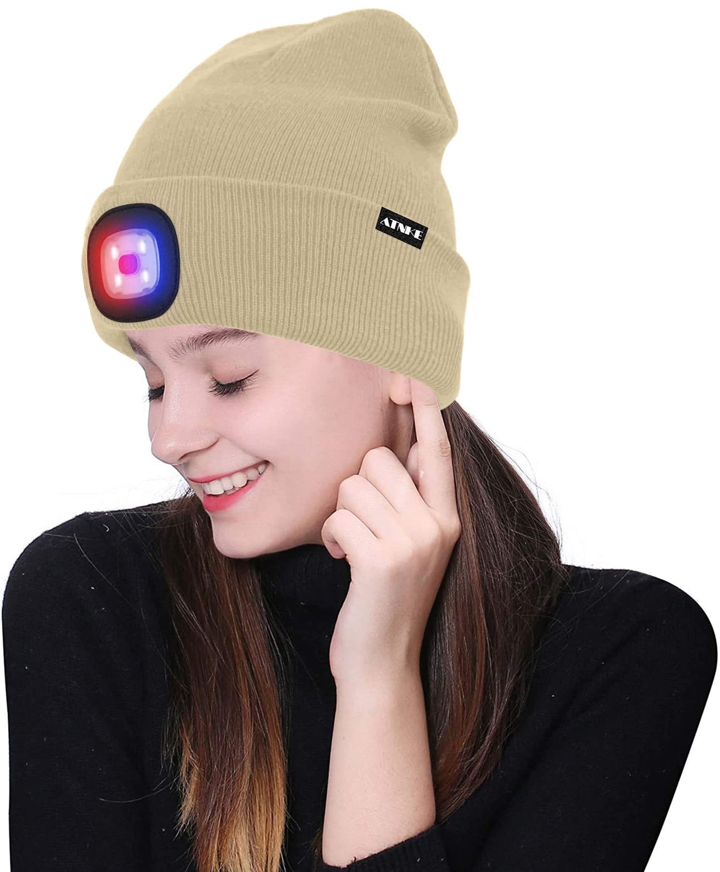 ATNKE LED Beleuchtete Mütze,Wiederaufladbare USB 4 LED Rot und Blau Leuchten Blinkender Laufmütze mit Licht Extrem Heller Lampe Winter Warme für Herren und Damen Geschenke