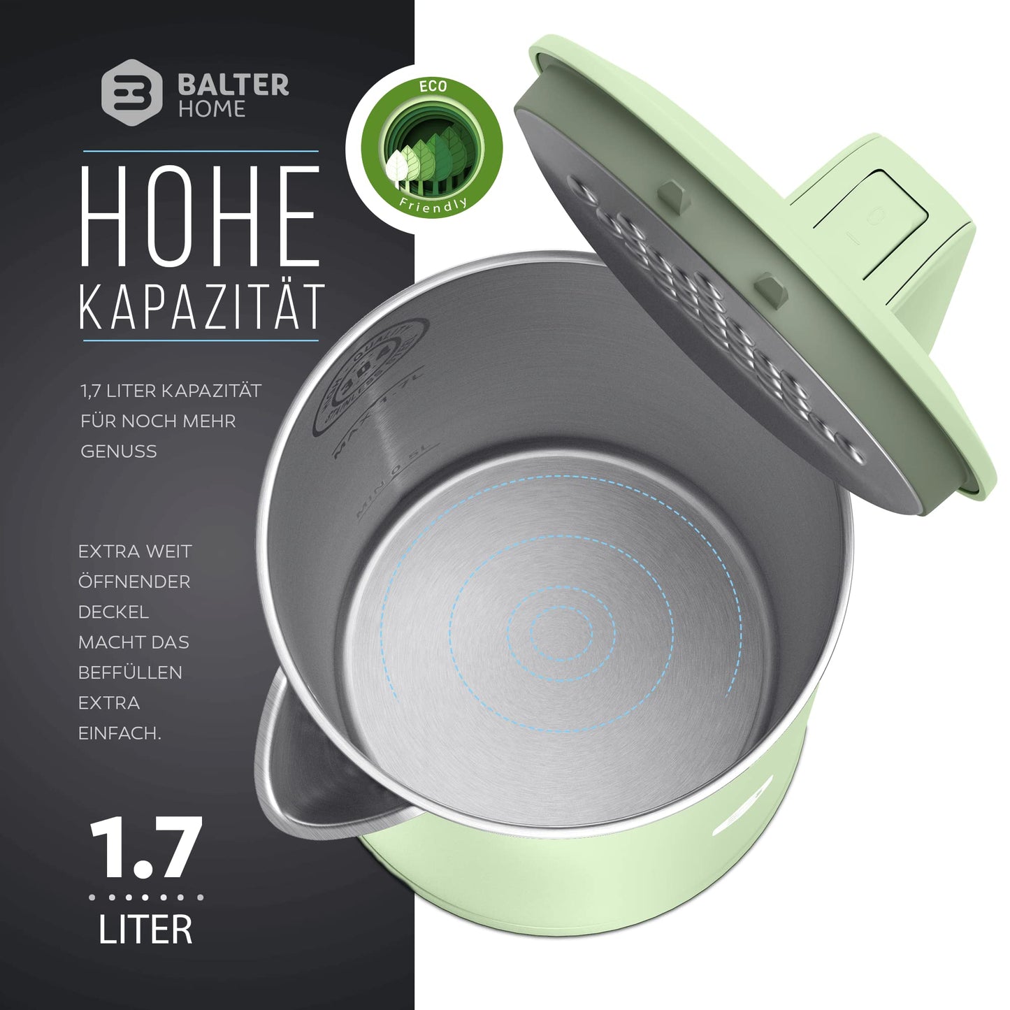 Balter Wasserkocher Edelstahl WK-4, 1,7 Liter, elektrischer Wasserkocher, Doppelwand Design, BPA frei, LED, Teekocher Kompakt, leise (Schwarz)