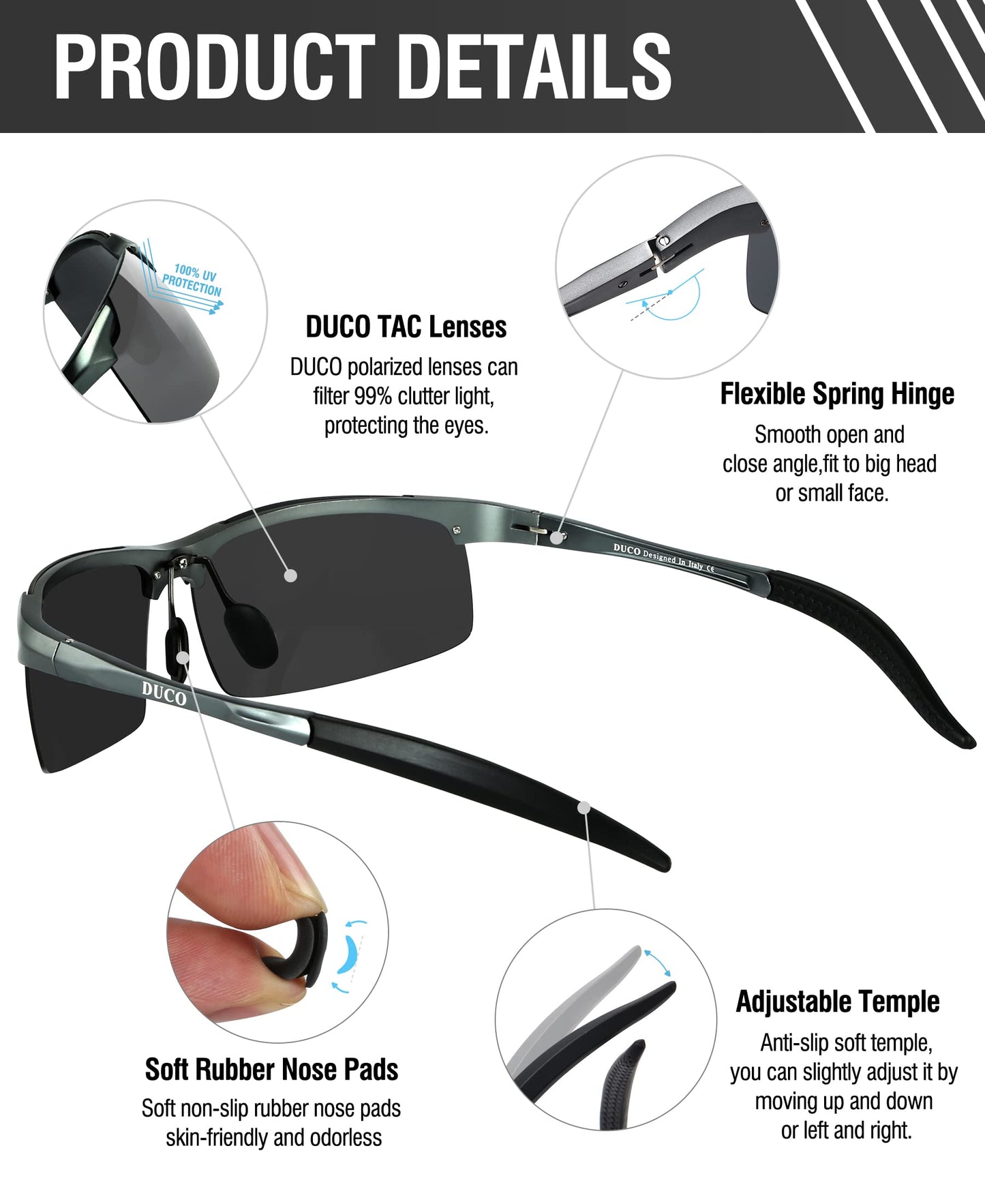 DUCO Herren Sportbrille Polarisierte Sonnenbrille Fahrerbrille Ultraleichte Al-Mg Metallrahmen UV400-Schutz Männer Sonnenbrillen 8177S