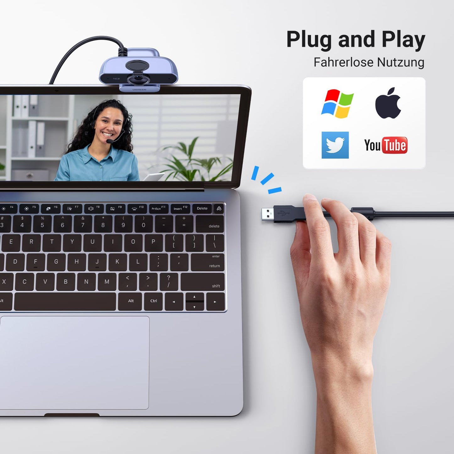 UGREEN Webcam Full HD 1080P/30fps USB Webcam für PC, Webcam mit Mikrofon, klares Stereo-Audio, automatische Lichtkorrektur, 85° Ansicht, USB Webcam für Live Streaming, Videoanrufe, Lernen, Konferenzen