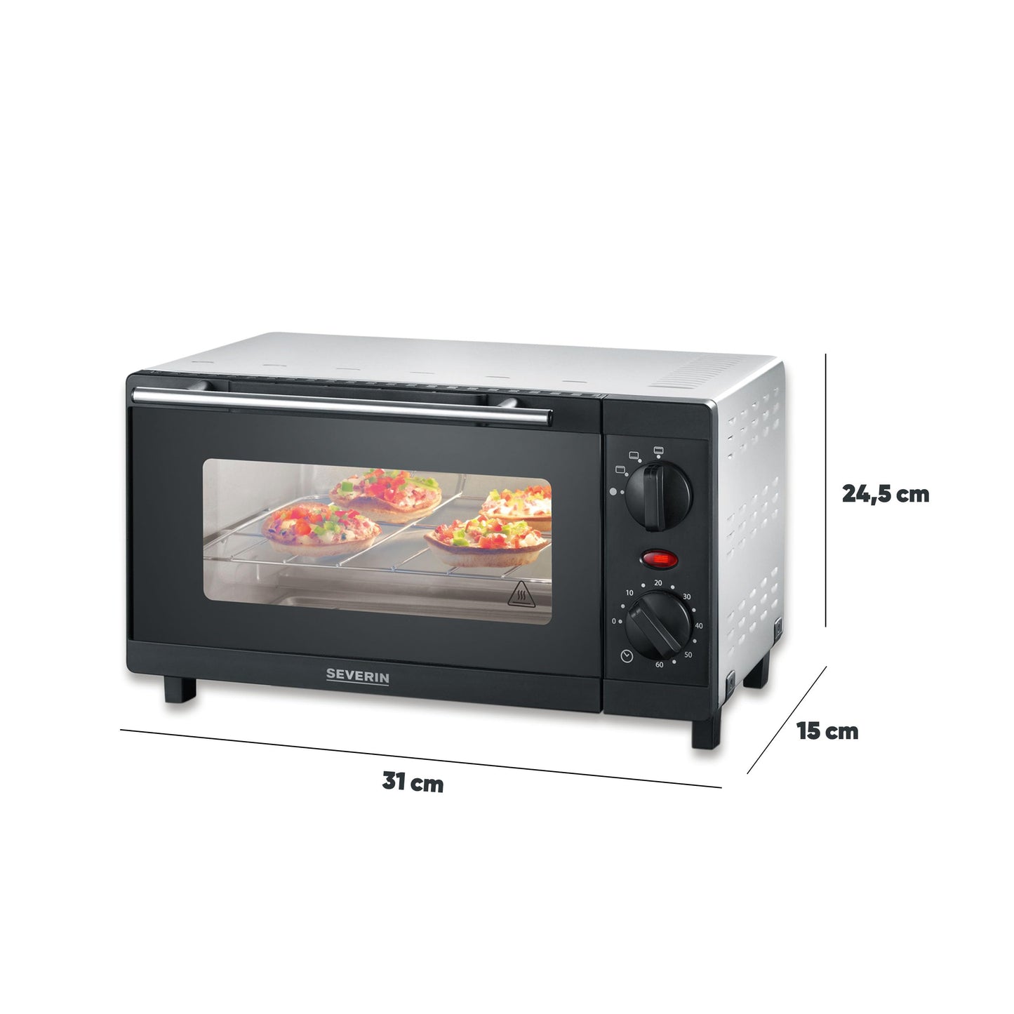 SEVERIN Mini Back- und Toastofen, kompakter Backofen inkl. Grillrost und Backblech, mit Ober- und Unterhitze, 800W, 9 L, silber /schwarz, TO 2052