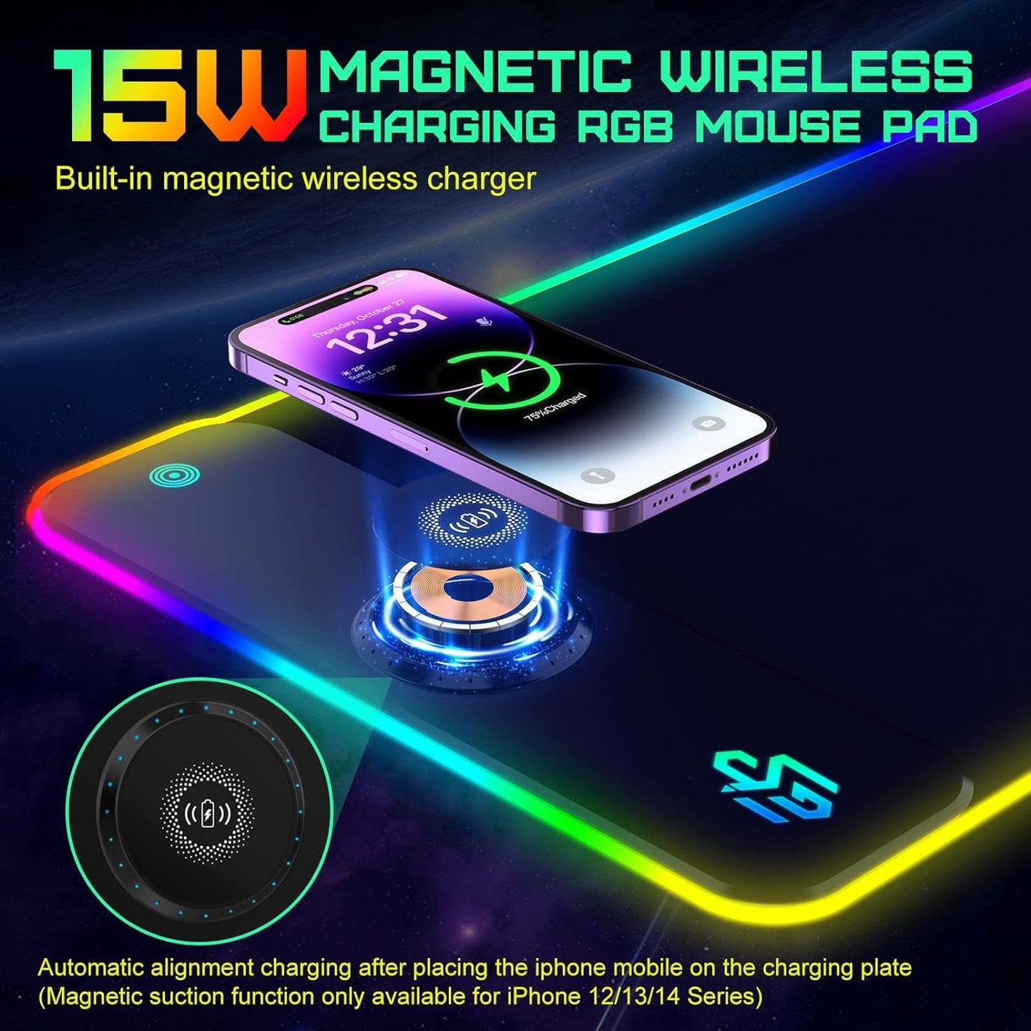 RGB Gaming Mauspad 15W Qi Mousepad LED, 10 Beleuchtungsmodi mit 15W Schnellladung Qi Kabelloses Laden für I-Phone Handy, Kopfhörer, Wasserdicht, rutschfest für Gaming, Schreibtische, PC und Büro