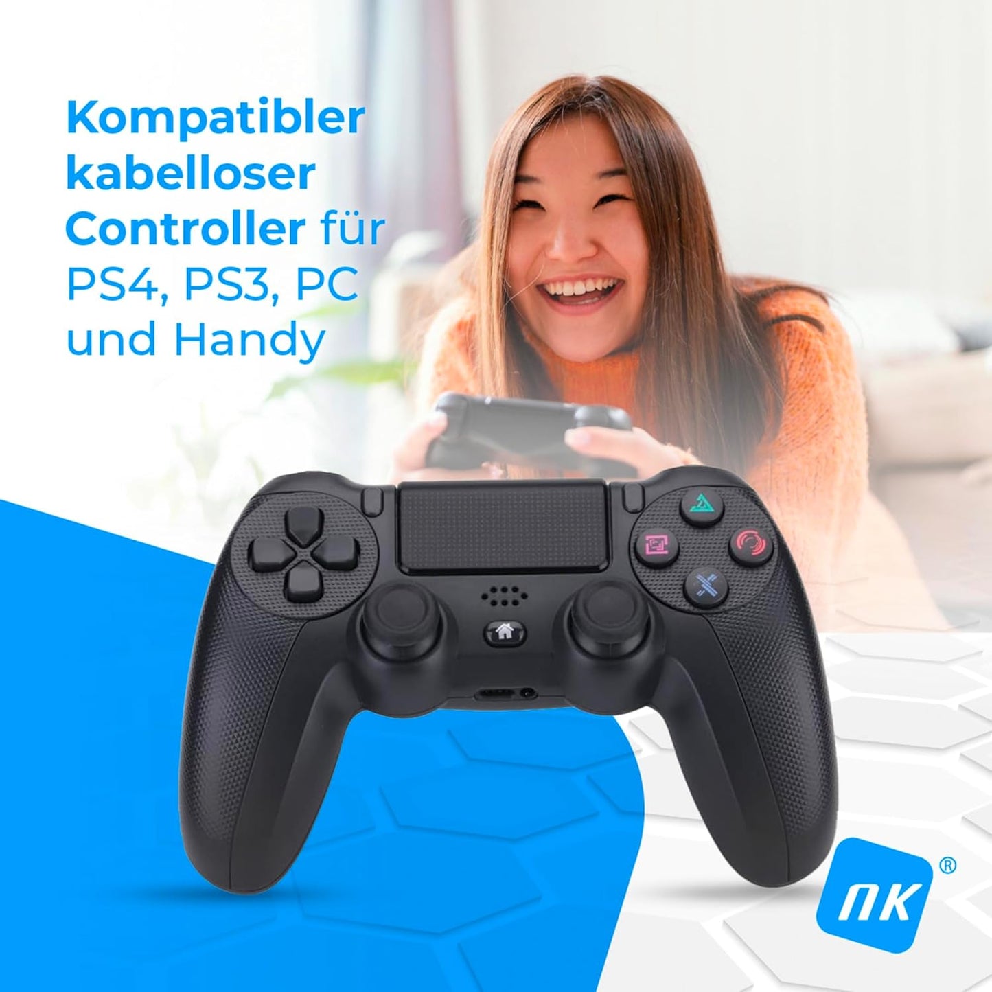 NK Wireless Controller für PS4 / PS3 / PC/Mobile - Wireless Controller mit Vibration, 6-Achsen-Erkennungsfunktion, LED-Licht, Touchpanel, Kopfhörerbuchse, inkl. Ladekabel - Schwarz