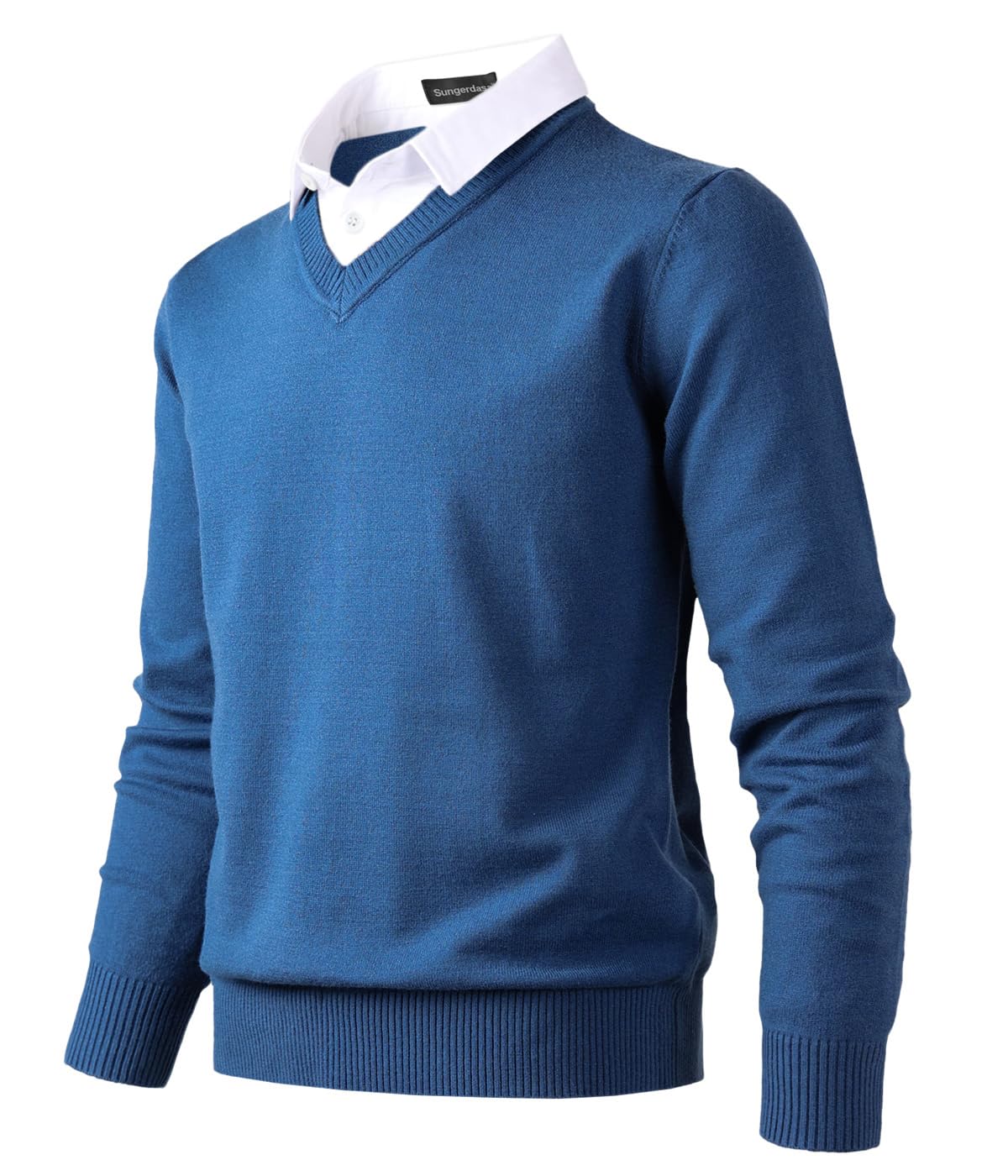 Sungerdasa Men’s 2-in-1 Mock Shirt Collar Sweater – Fine Knit Pullover