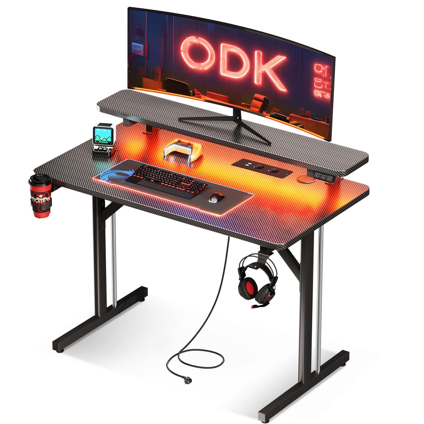 ODK Gaming Tisch, Kleiner Gaming Schreibtisch mit LED Beleuchtung & Steckdosen, Computertisch mit Monitorablage, Carbon Fiber Schwarz PC Gamer Tisch 100cm