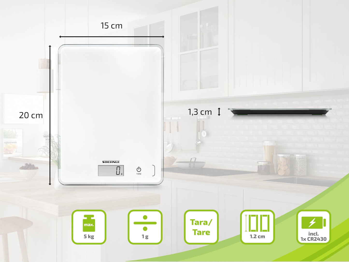Soehnle Küchenwaage Page Compact 300 weiß, digitale Küchenwaage bis zu 5 kg Tragkraft, Waage mit leicht ablesbarer LCD-Anzeige, Digitalwaage mit Zuwiegefunktion