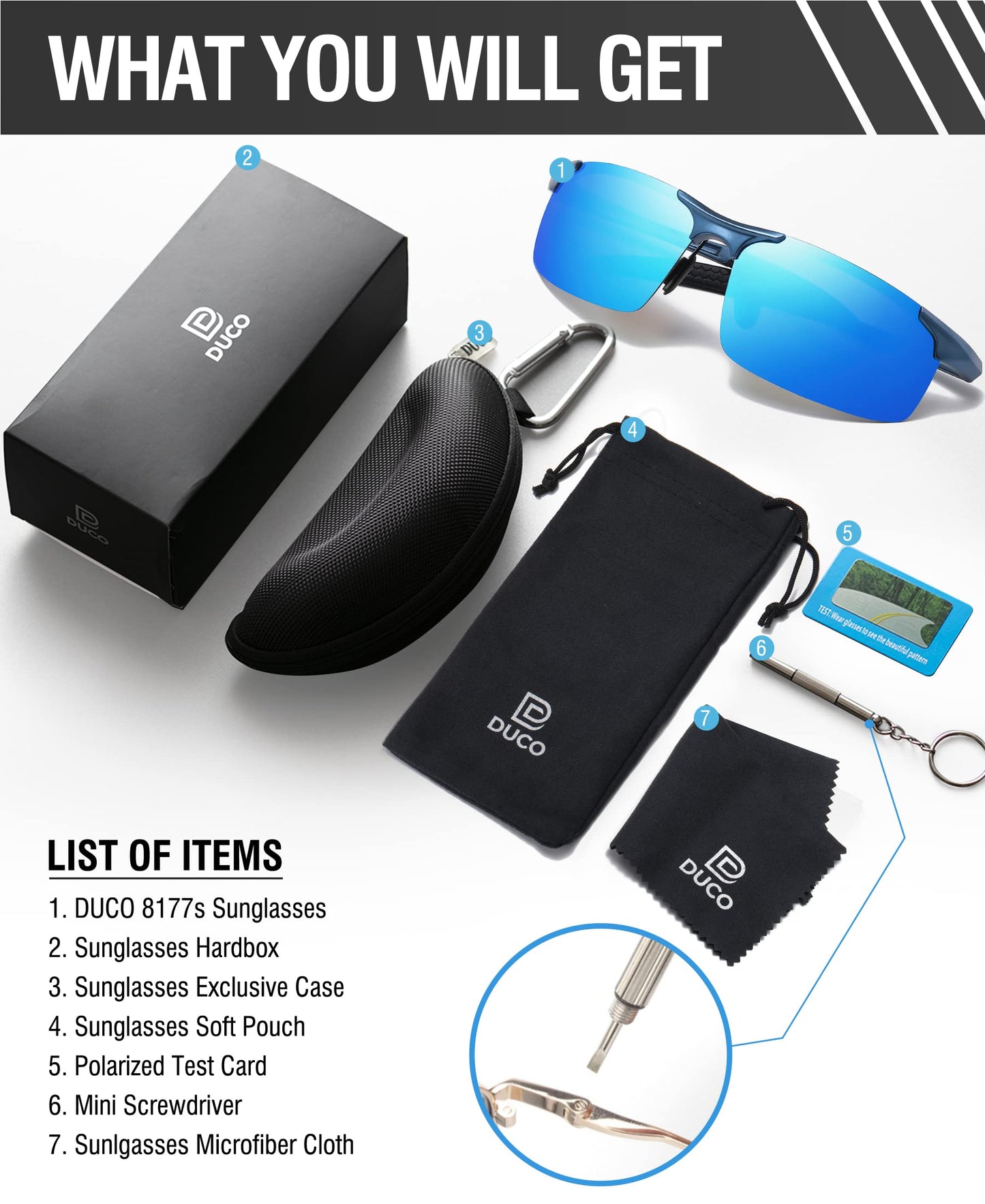 DUCO Herren Sportbrille Polarisierte Sonnenbrille Fahrerbrille Ultraleichte Al-Mg Metallrahmen UV400-Schutz Männer Sonnenbrillen 8177S