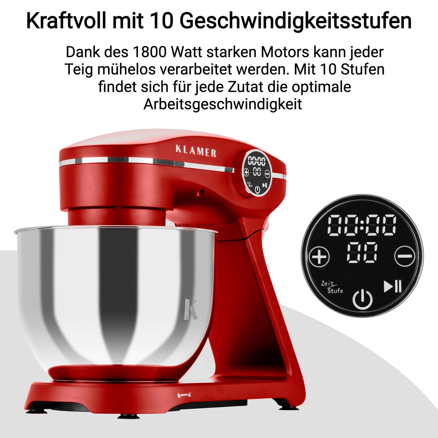 KLAMER Küchenmaschine 1800W, Knetmaschine Brotteig mit Edelstahl-Rührschüssel 6 L, 10 Stufen mit Timer, Planetenrührwerk, Rührbesen, Knethaken, Schneebesen & Sichtdeckel (schwarz)