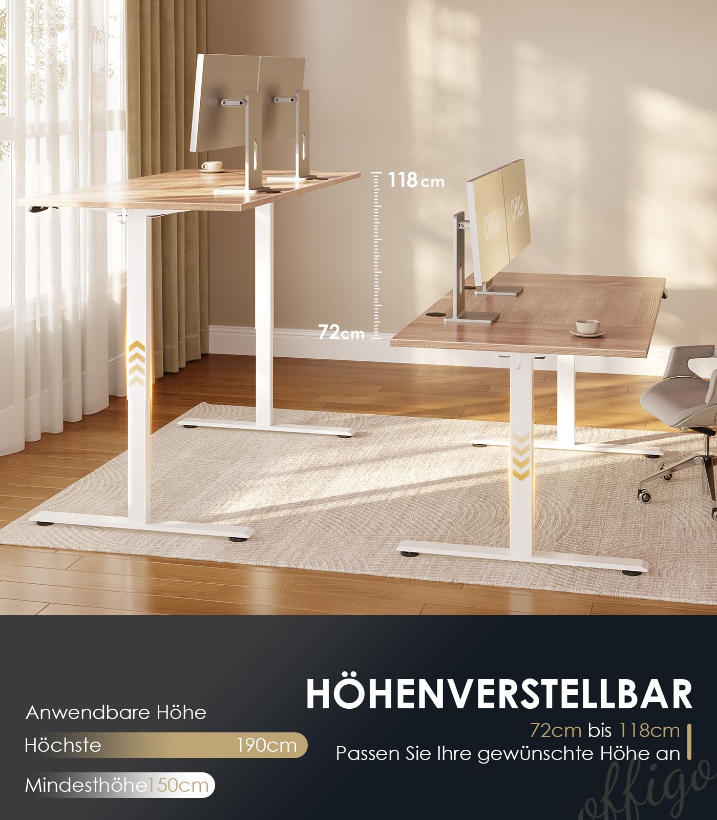 OffiGo Höhenverstellbarer Schreibtisch, 120 cm Elektrischer Schreibtisch, Ergonomischer Tisch mit Memory-Funktion, Gaming Tisch Höhenverstellbar, Moderner Computertisch für Zuhause und Büro, Weiß