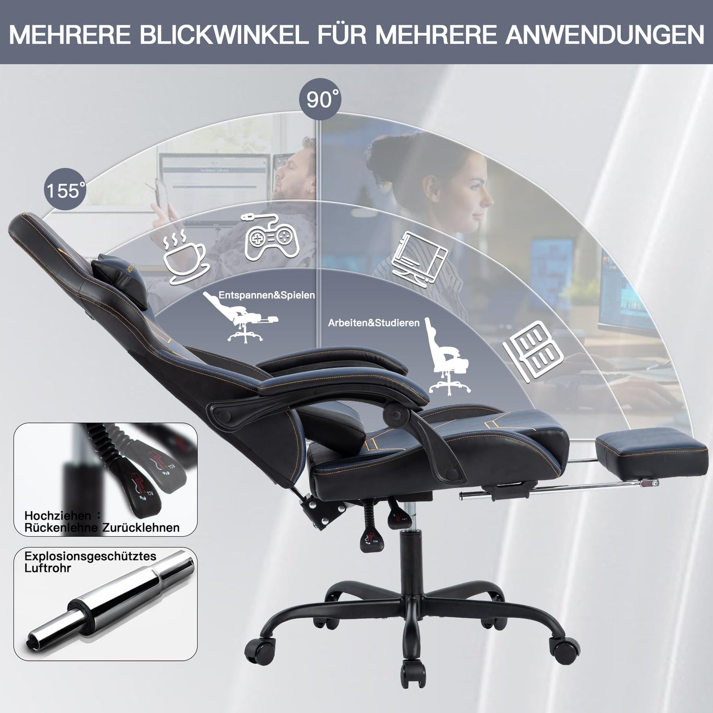 WOTSTA Gaming Chair Ergonomic Gaming Chair Office Chair with Footrest Racing Computer Chair Height Adjustable Padded Computer Chair Lumbar Support Blue