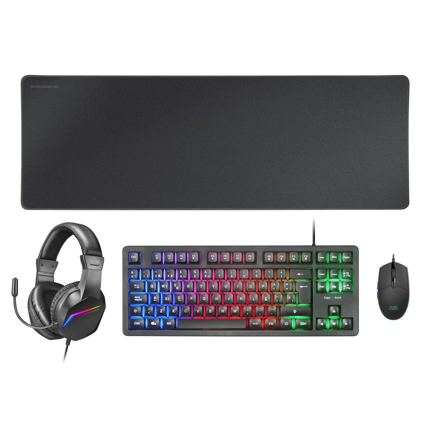 MARSGAMING MCP-RGB3, Pack Gaming Keyboard Fixed RGB + Gaming Mouse RGB Flow 3200 DPI + Headset Over-Ear RGB + XXL Mouse Pad, White, Portuguese Language
