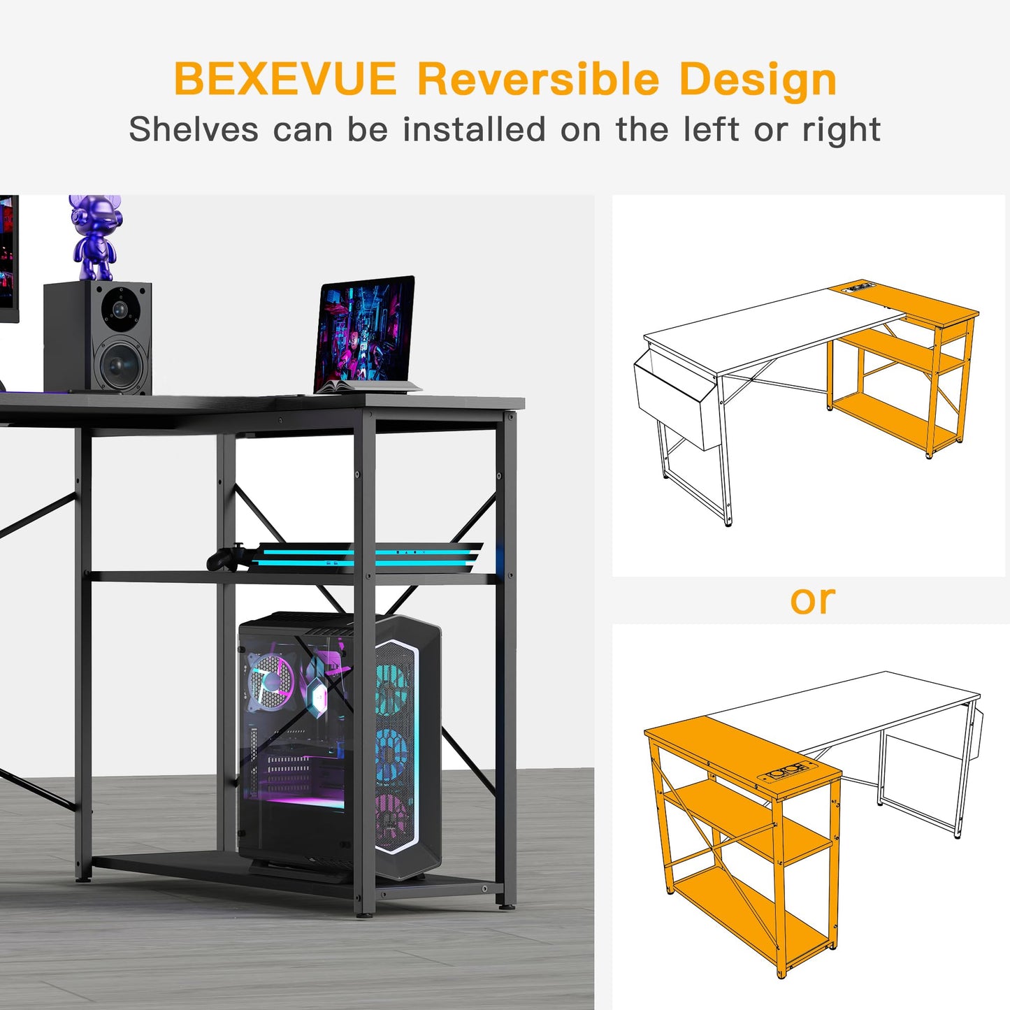 BEXEVUE L-förmiger Schreibtisch – 100x70 cm Gaming Tisch mit Ablagefächer, Umkehrbarer PC Ecktisch Computertisch, Corner Gaming Tisch für Studium Arbeit Zuhause Schlafzimmer, Schwarz