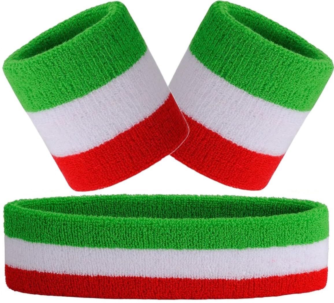 Hatstar 3-teiliges Schweißband Set | 1x Stirnband + 2X Schweißbänder für Handgelenke | Stirnband Damen & Herren | Accessoire für Karneval & Fasching Aerobic Kostüm