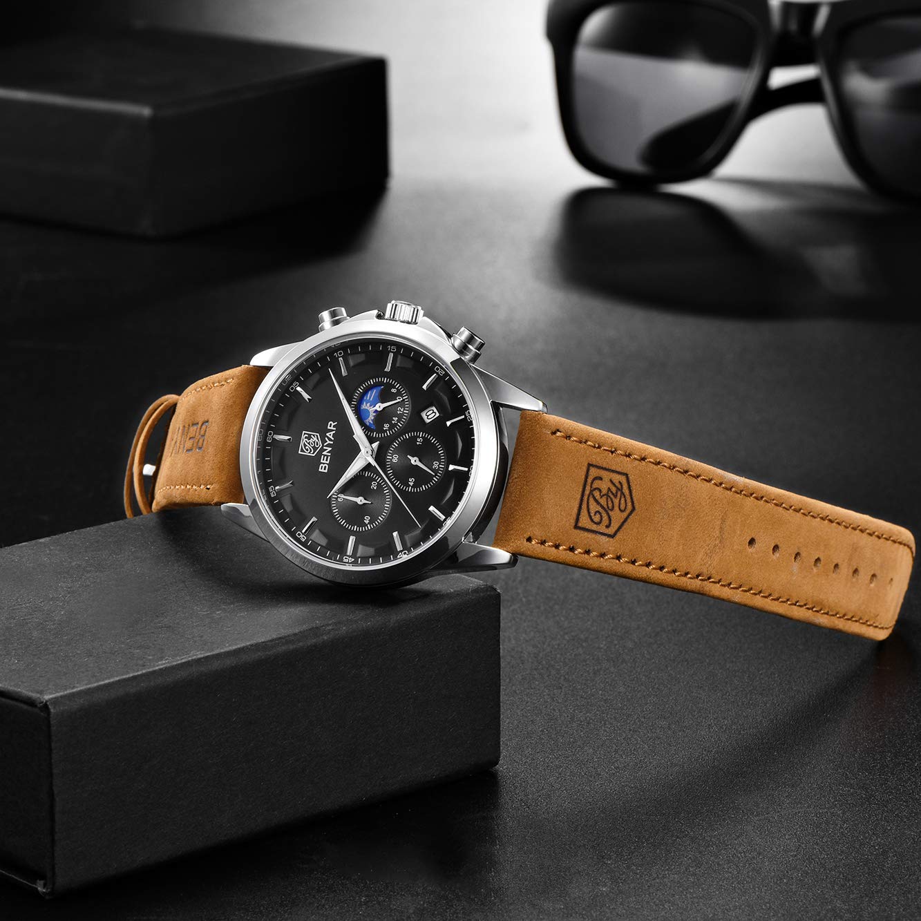 BY BENYAR Uhren Herren Chronograph Analog Quarz Wasserdicht Armbanduhr Herren Mode Lässig Business Herrenuhr mit Kalender Lederarmband/Edelstahlarmband Uhr Geschenk für Männer