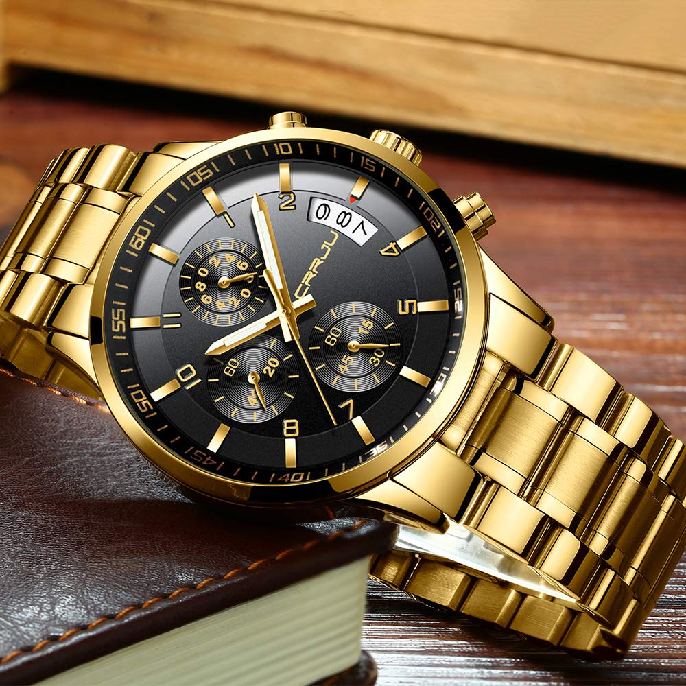 CRRJU Herren Uhr Business Edelstahl wasserdichte Chronographen mit Kalender Armbanduhr Edelstahlband Stoppuhr Analog Quarzuhr