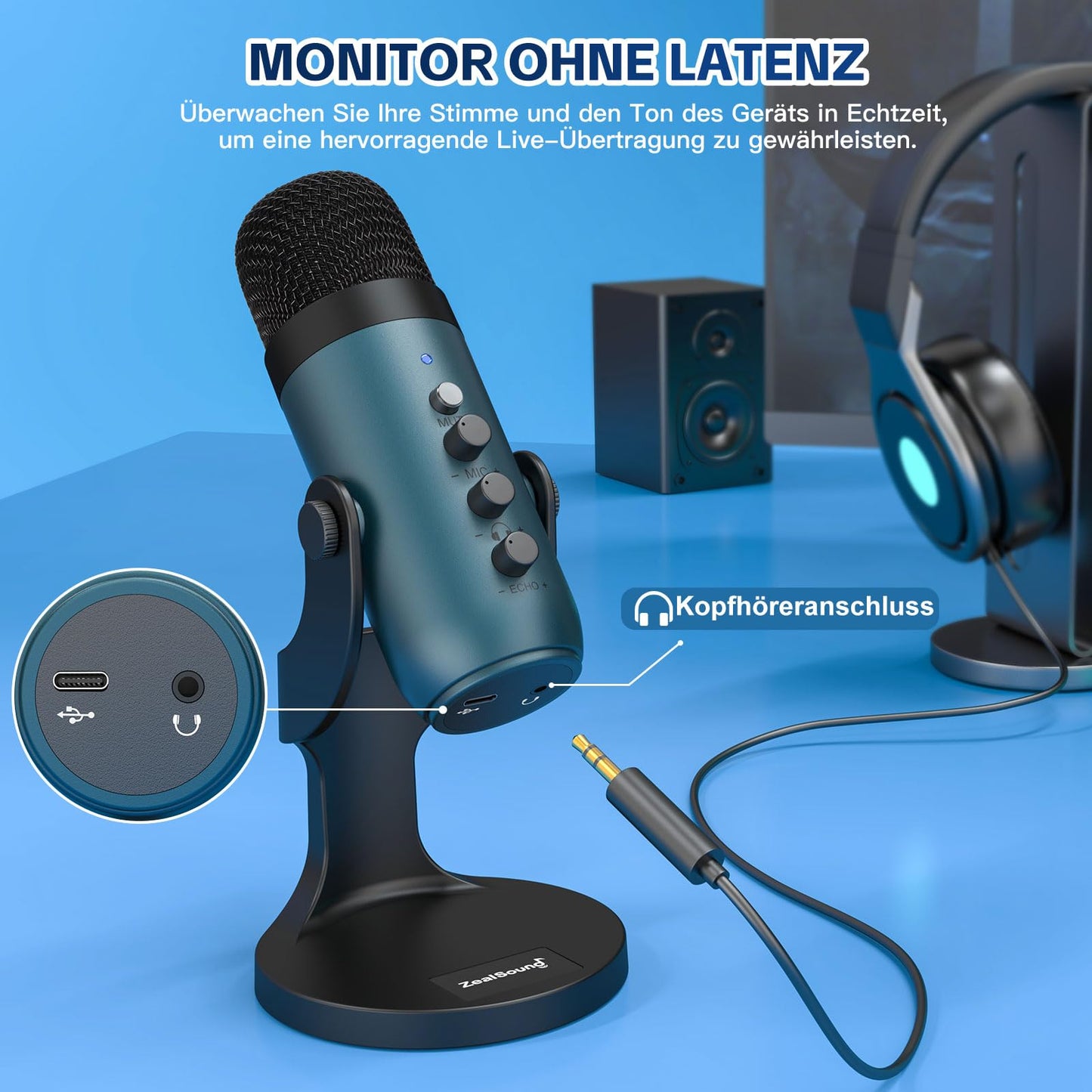 zealsound USB Mikrofon, Kondensator Mikrofon für PC Handy, PS4, PS5, Microphone PC USB C für Gaming, Podcast,Aufnahmen,Streaming,ASMR mit Stumm/Gain/Echo, Adapter für Phone,Kompatibel mit Mac, Winows