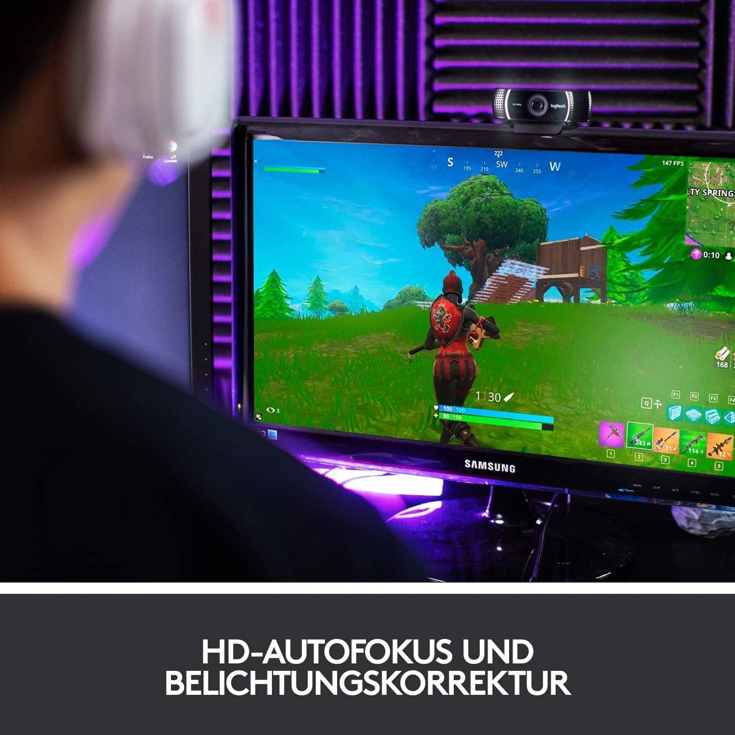 Logitech C922 PRO Webcam mit Stativ, Full-HD 1080p, 78° Sichtfeld, Autofokus, Belichtungskorrektur, H.264-Kompression, USB-Anschluss, Für Streaming via OBS, Xsplit, etc. - Schwarz