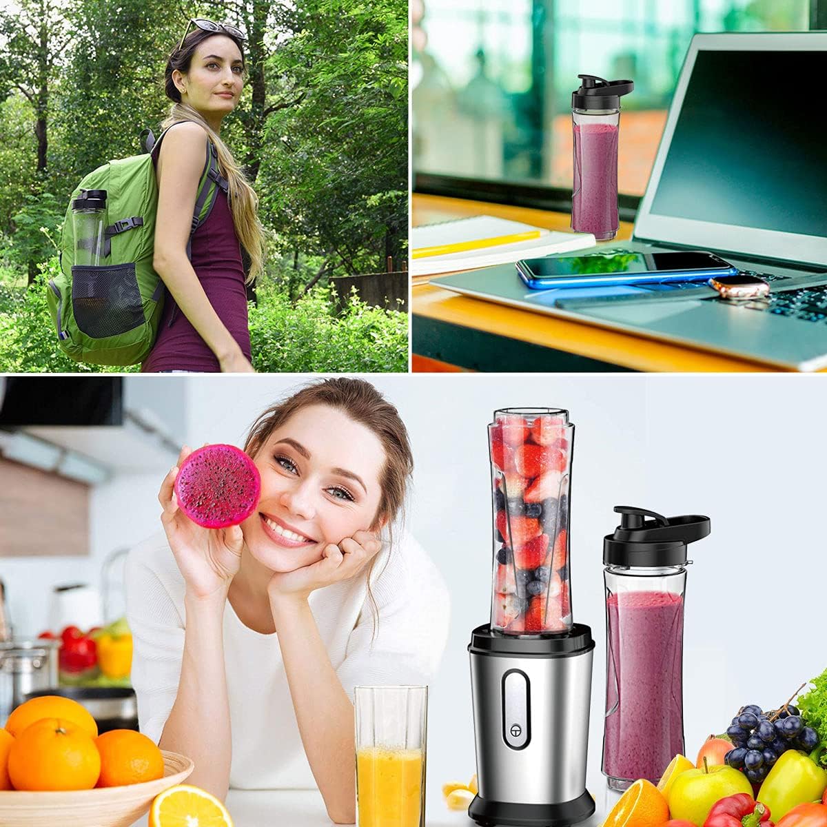 Mixer, 500W Mini Standmixer & Smoothie Maker mit 2x600ml Flaschen BPA frei Tritan, Tragbarer Mixer Smoothie Maker aus Edelstahl 4-Blatt für Shake, Smoothie und Babynahrung, Silber