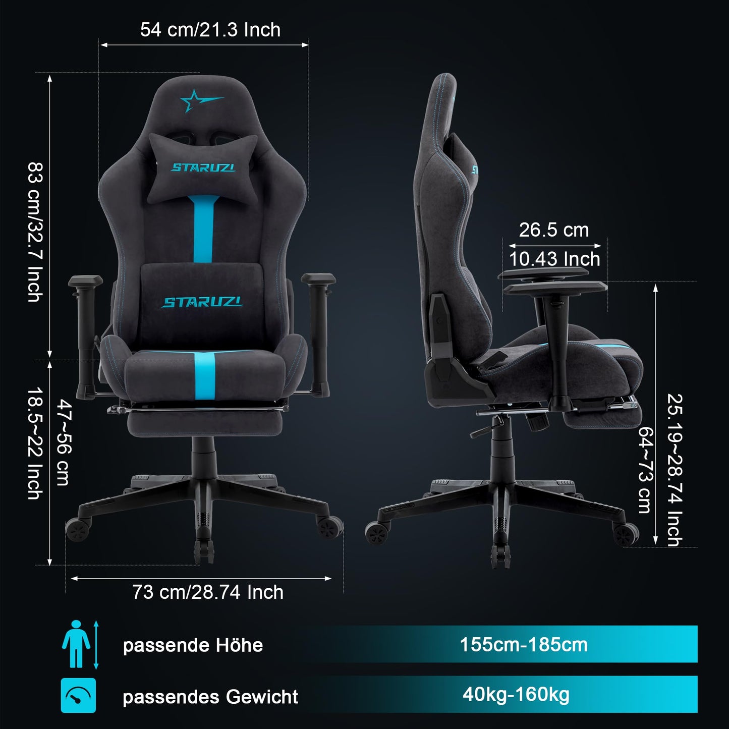 STARUZI Gaming Stuhl aus Wildlederimitat Stoff, Ergonomischer PC Stuhl, Gamer Stuhl mit Fußstütze, Atmungsaktiver Game Drehsessel mit Verstellbare Armlehne, Grau-Grün