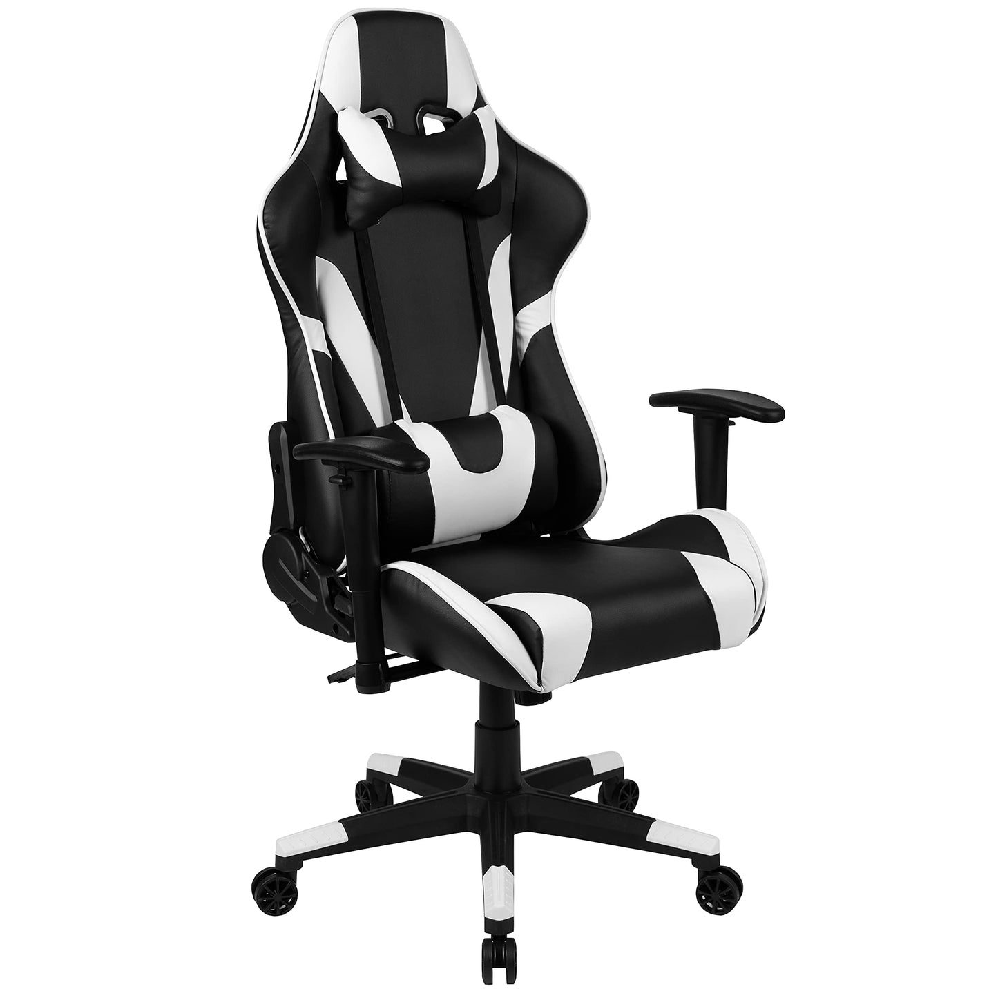 Flash Furniture X30 Gaming-Stuhl, ergonomischer Bürostuhl für PC- und Gaming-Setups, verstellbarer Rennsport-Stuhl mit vollständig verstellbarer Rückenunterstützung, schwarz mit weißer Verzierung