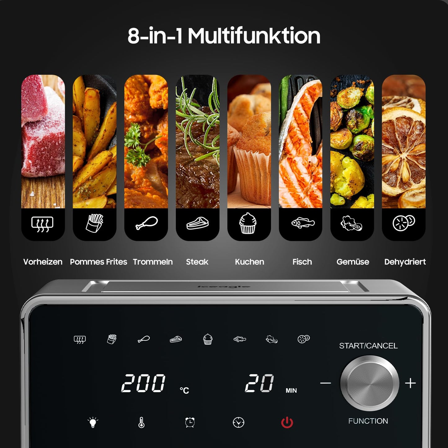 iceagle Heißluftfritteuse 6,5 L Airfryer XL - Fritteuse Ohne Fett mit Metallinnenraum | 1700W Heissluftfriteuse mit 8 Kochprogramme, Digitalem Display, mit deutschem Rezeptbuch