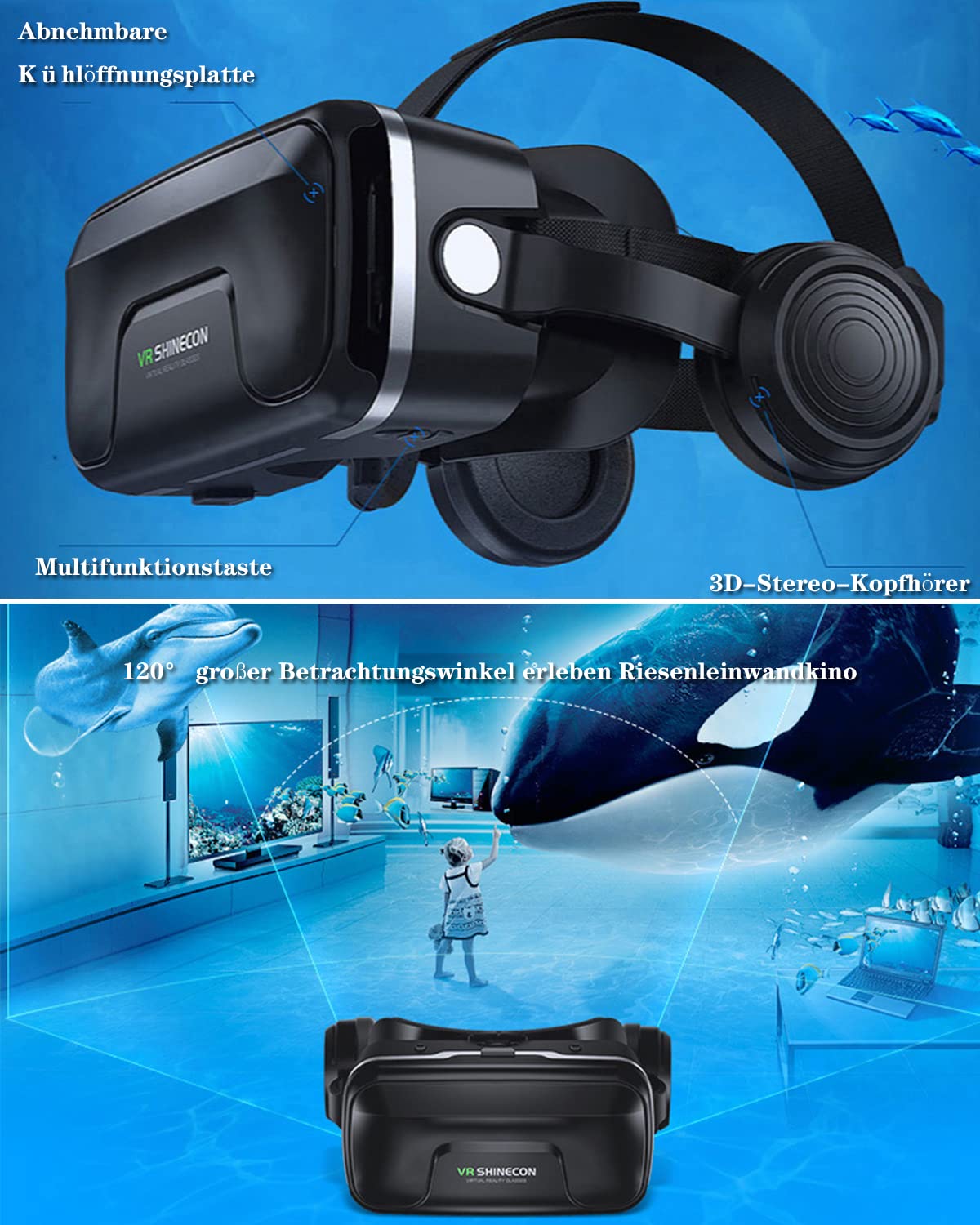 VR Brille für Handy,VR Headset Virtual Reality Brille 3D mit Bluetooth Fernbedienung Erleben Spiele für Android/iOS 4,7-7,2 Zoll Handys Kinder Erwachsene Geschenk 2023 New