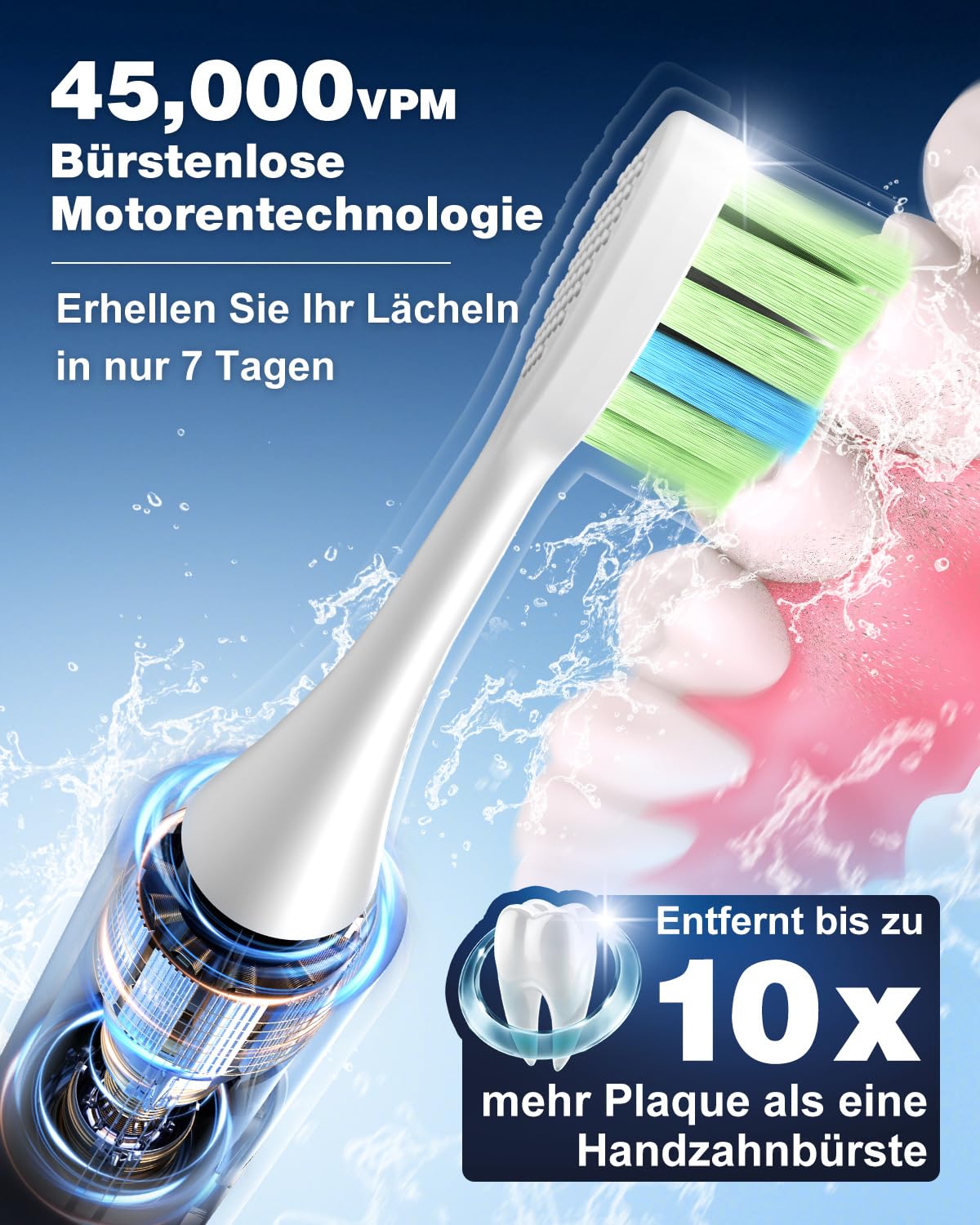 Elektrische Zahnbürste, Schallzahnbürste, Zahnbürste Elektrisch 45000VPM, Aufhellung Der Zähne In 1 Woche, 120 Tage Akkulaufzeit, Batteriestandsanzeige, 6 DuPont-Bürstenköpfe, 5 Modi, Timer, Schwarz
