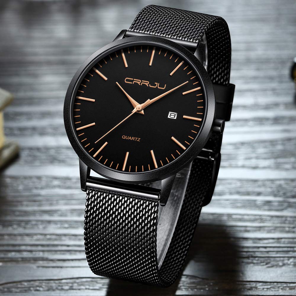 CRRJU Herren Uhr Ultra Dünne Wasserdicht Armbanduhr Herren Mode mit Schwarz Edelstahlband Mesh Analog Quarz Business Männer Uhren