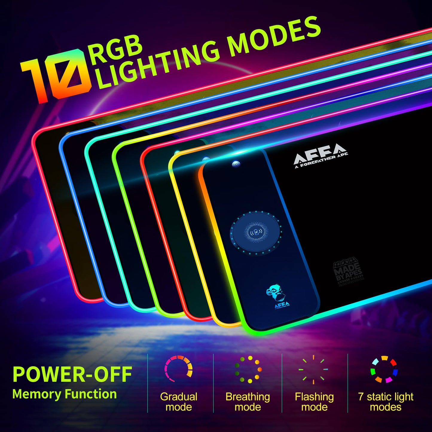 RGB Gaming Mauspad 15W Qi Mousepad LED, 10 Beleuchtungsmodi mit 15W Schnellladung Qi Kabelloses Laden für I-Phone Handy, Kopfhörer, Wasserdicht, rutschfest für Gaming, Schreibtische, PC und Büro