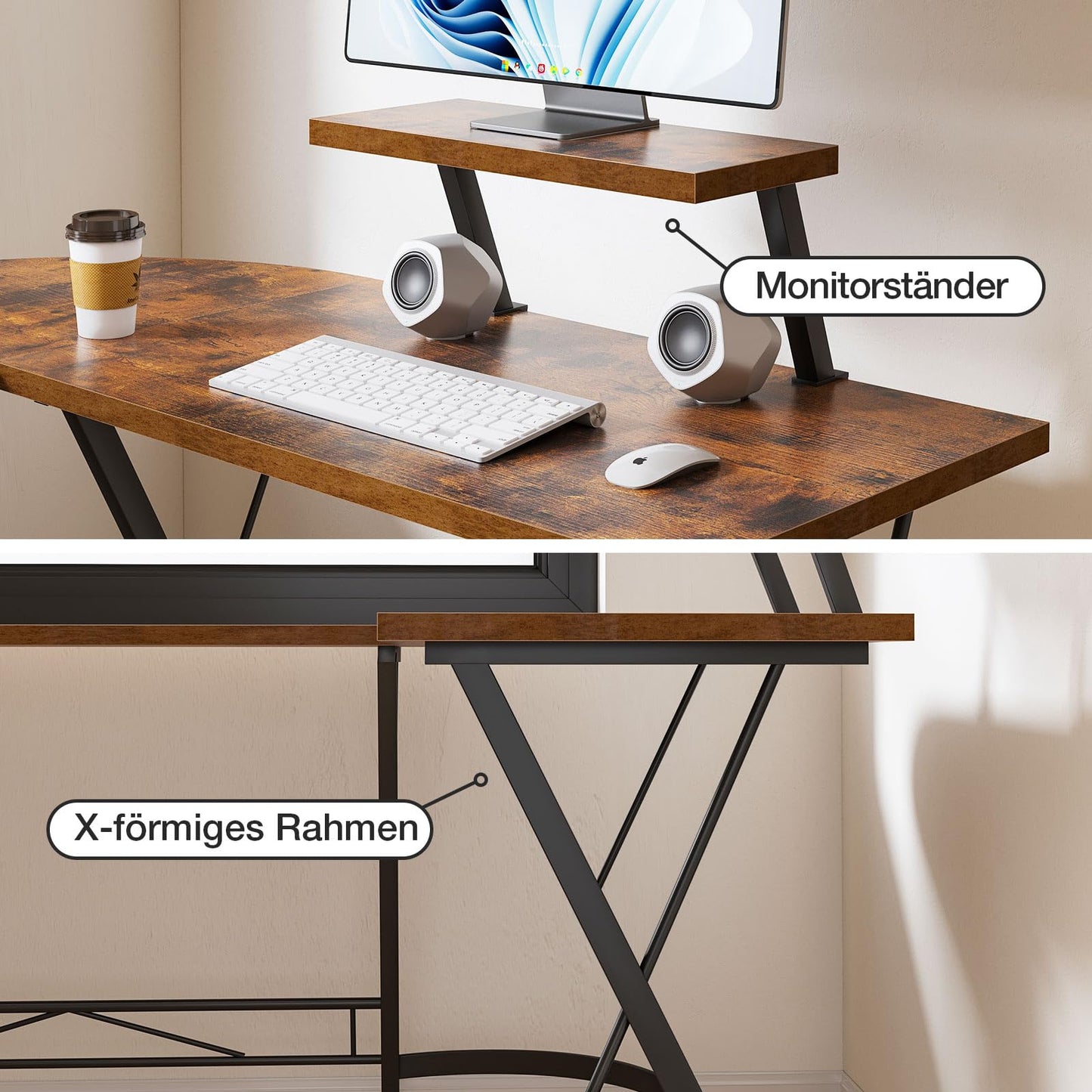 ODK Gaming Tisch, Gaming Schreibtisch Eckschreibtisch für Gamer, Schreibtisch L Form mit Monitorständer für Büro (Schwarz, 127 x 127 cm)