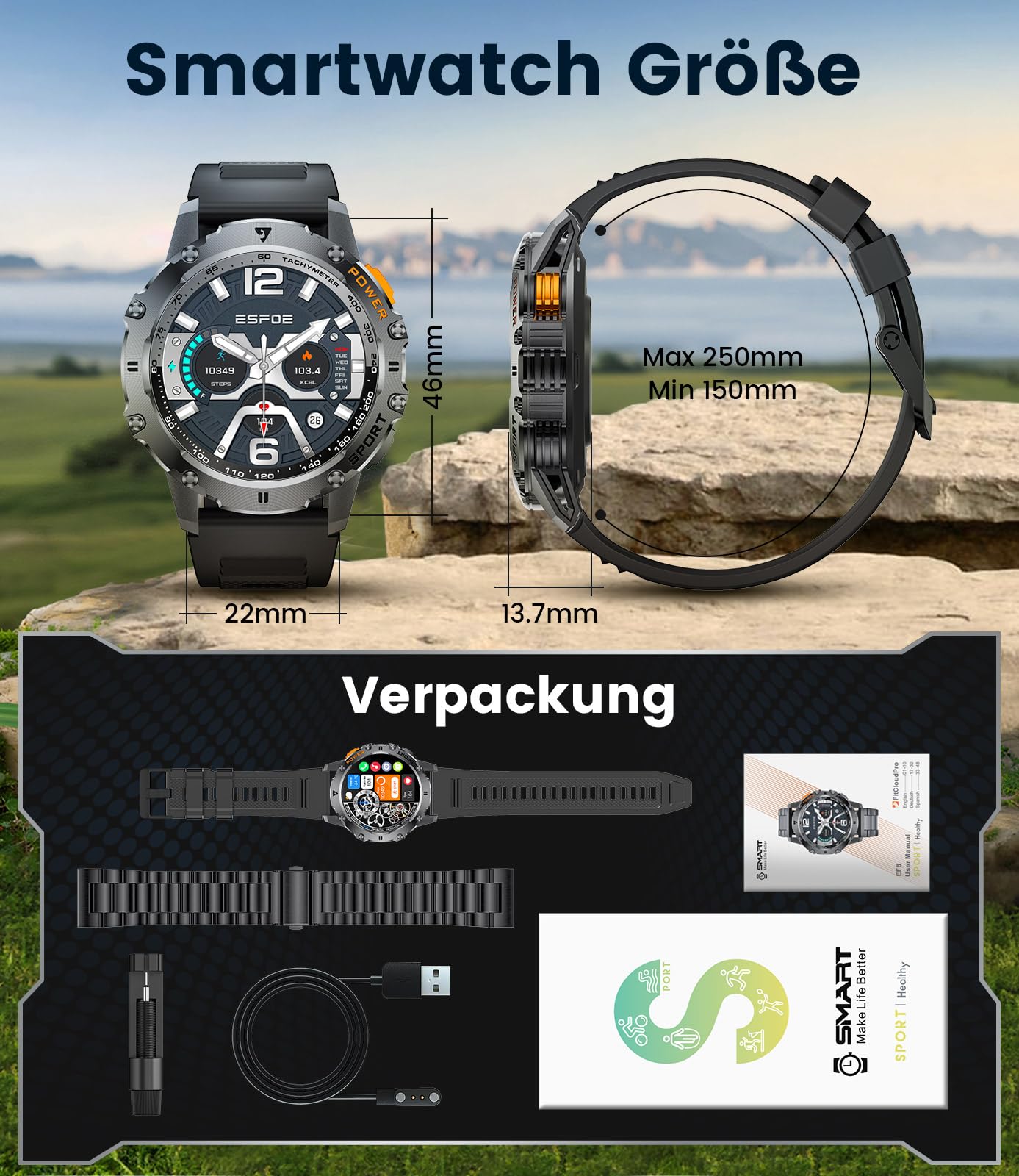 LIGE Smartwatch Herren Militär,Taschenlampe/1.43" AMOLED Sportuhr mit 500 mAh Akku/Telefonfunktion, 110+Sportmodi, IP68 Wasserdicht Smartwatch mit Herzfrequenz/Schlafmonitor für Android iOS,Schwarz