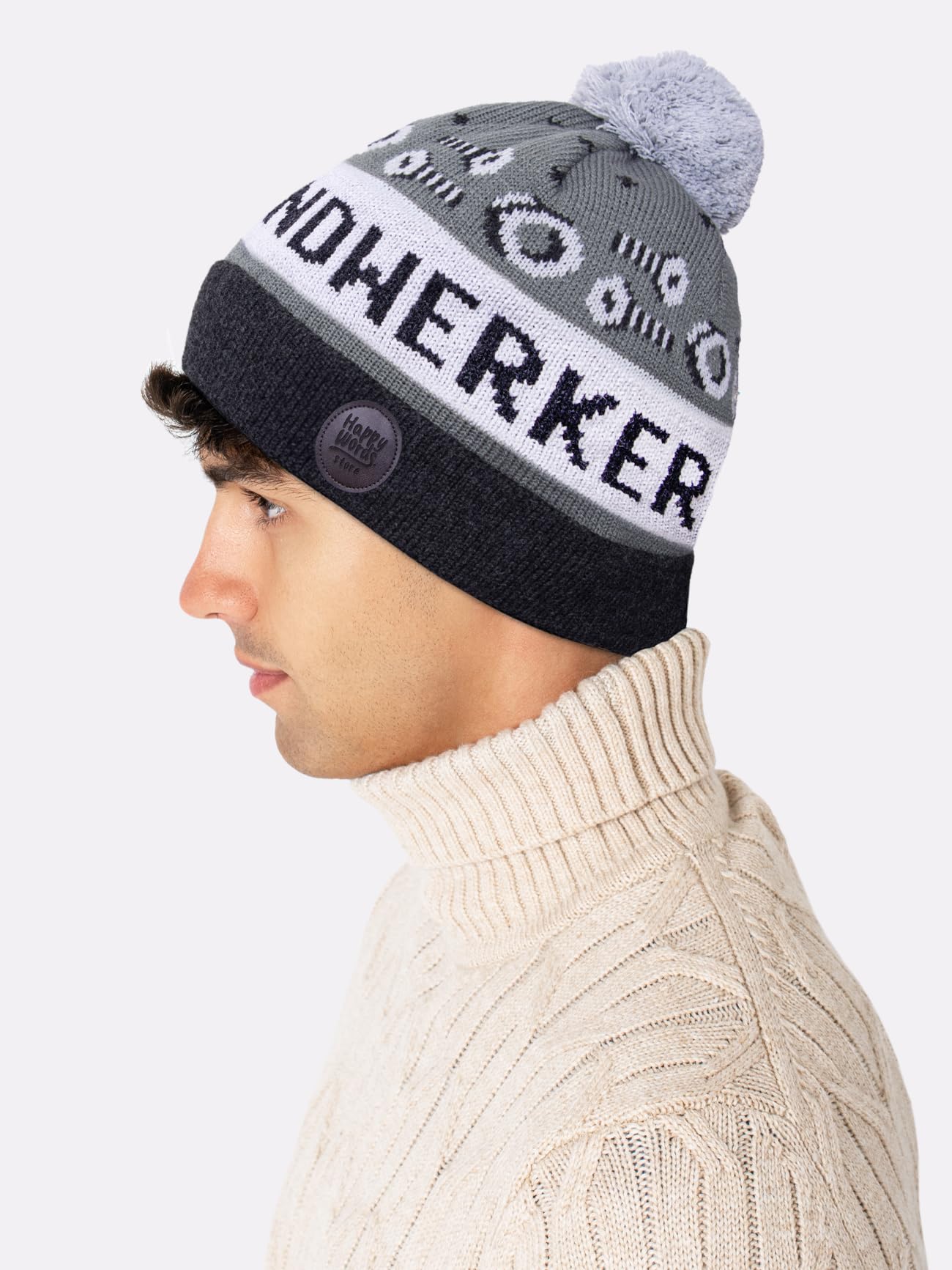 Happy Words Hats, Hats & Caps for Men and Women - Men's Hat with Bobble - Warm Winter Hat with Colourful Pattern - Knitted Hat Made of Acrylic Fabric - Gifts for Women and Men